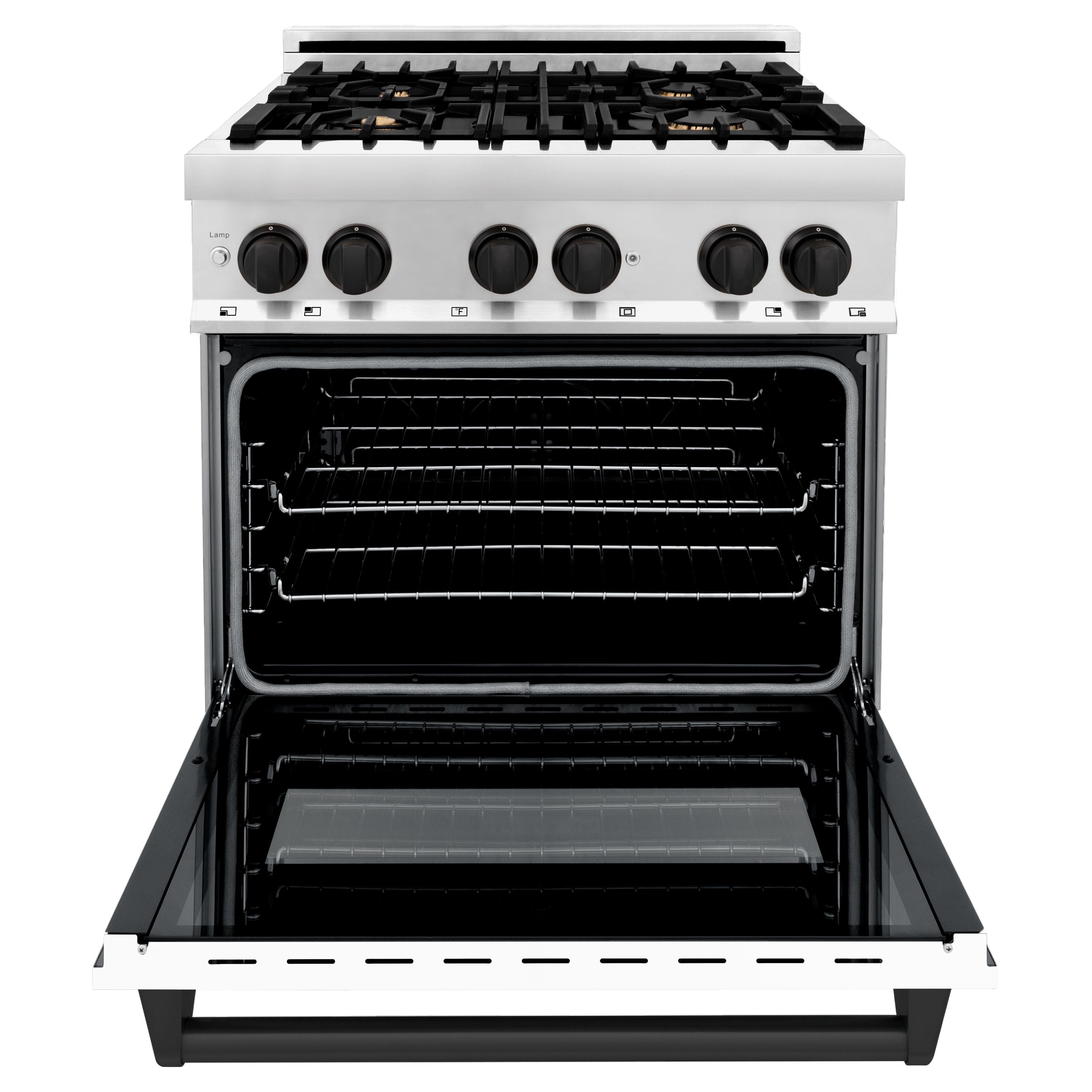 ZLINE Autograph 30 in. Dual Fuel Range 4.0 cu. ft. Gas Cooktop with Electric Convection Oven, White Matte Door and Black Matte Accents (RAZ-WM-30-MB)