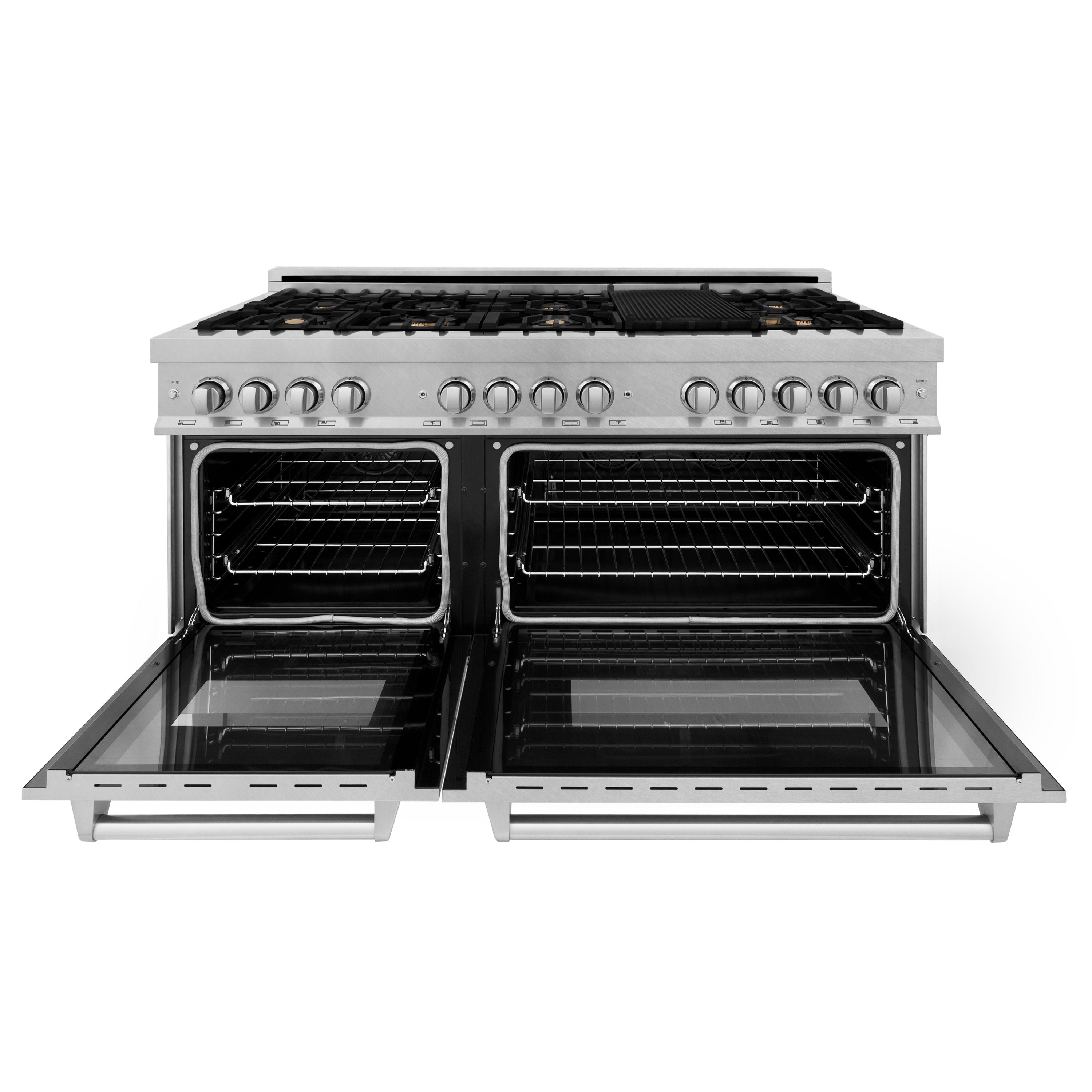 ZLINE 60 in. Legacy Dual Fuel Range with 8 Brass Burners, Gas Cooktop, Double Electric Convection Ovens (7.4 cu. ft.), Satin Stainless (RAS-SN-BR-60)