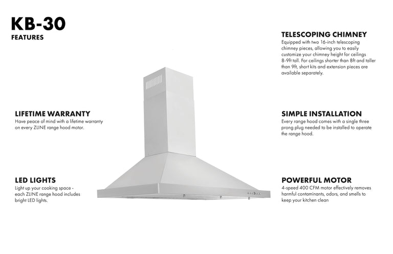 ZLINE 30 in. Wall Mount Range Hood Convertible Stainless Steel 400 CFM Charcoal Filters (KB-CF-30)