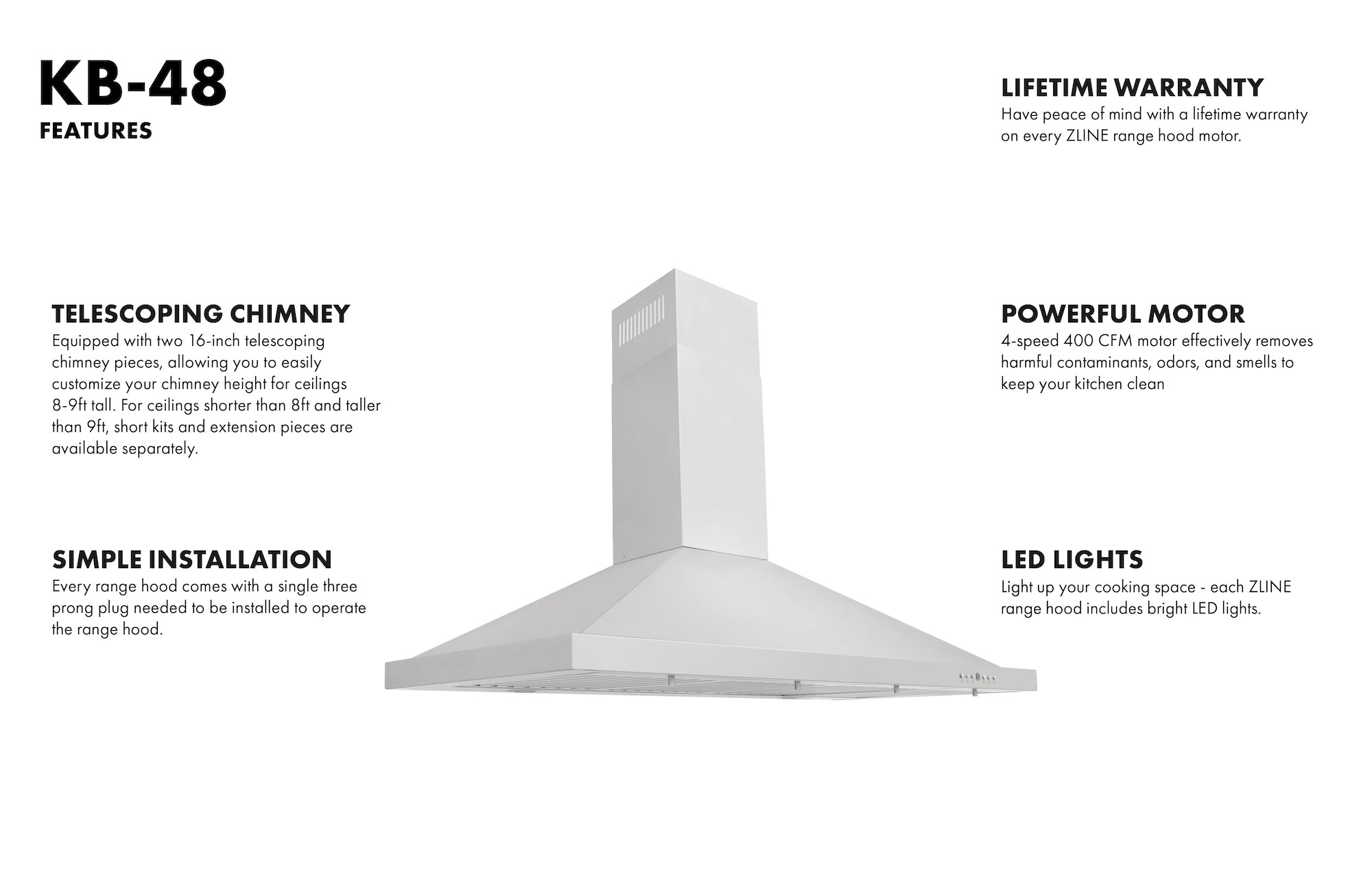 ZLINE 48 in. Wall Mount Range Hood Stainless Steel Convertible Vent 4-Speed KB-48