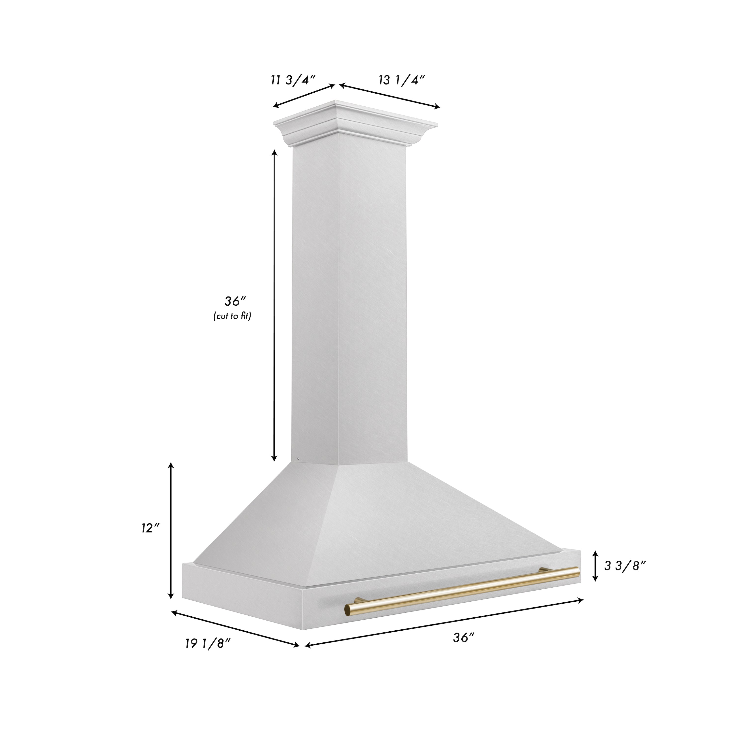 ZLINE 36 in. Wall Mount Range Hood Convertible Satin Stainless Steel Polished Gold Handle 400 CFM (KB4SNZ-36-G)