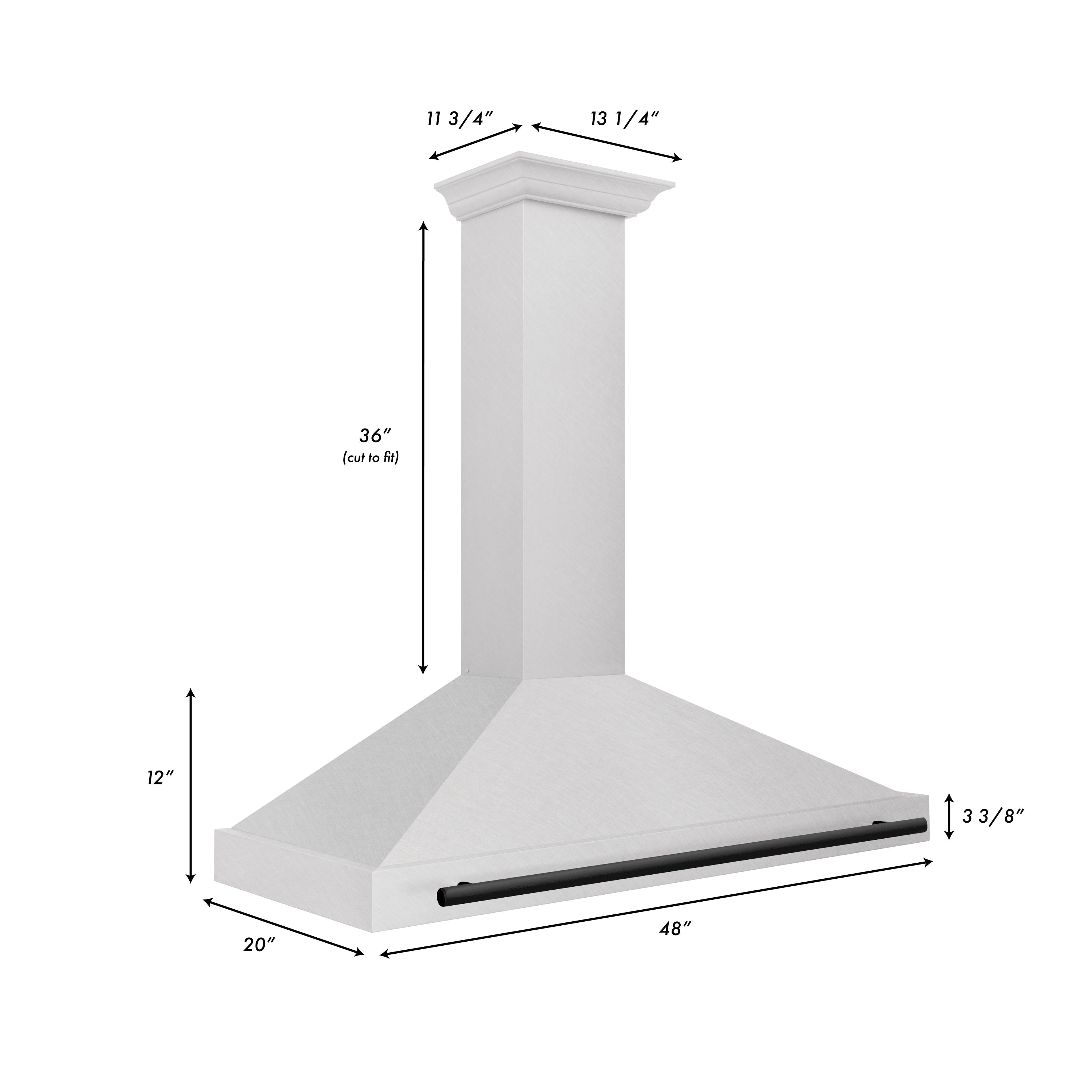 ZLINE 48 in. Wall Mount Range Hood Convertible 400 CFM Satin Stainless Steel Matte Black Handle (KB4SNZ-48-MB)