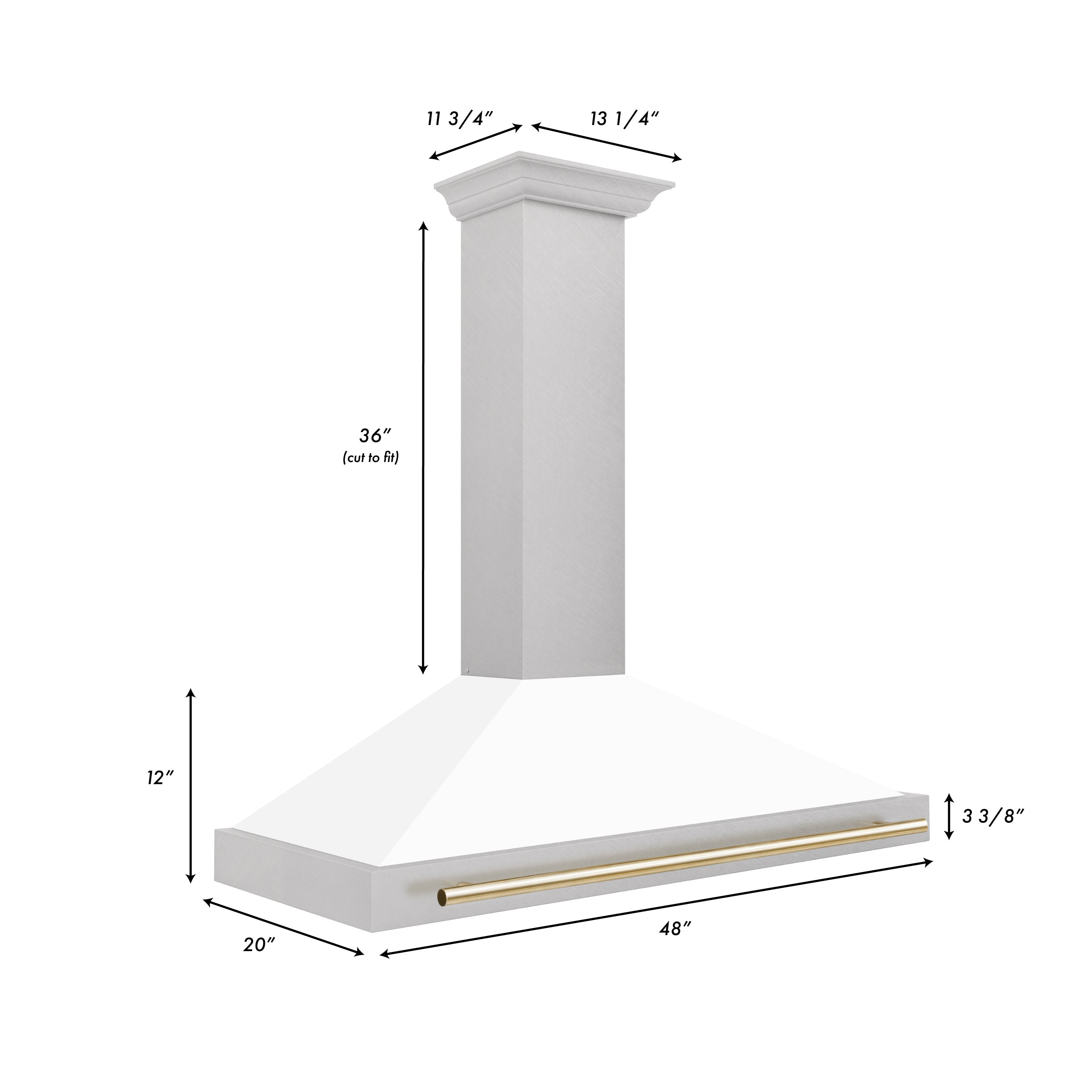 ZLINE 48 in. Wall Mount Range Hood Convertible Satin Stainless Steel White Matte Shell Polished Gold Handle KB4SNZ-WM48-G