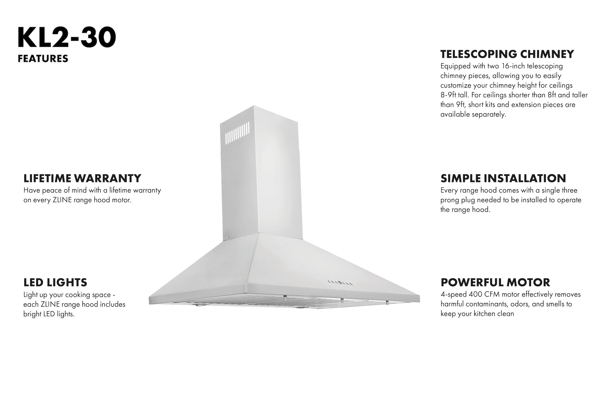 ZLINE 30 in Wall Mount Range Hood Convertible Vent Stainless Steel Kitchen Hood (KL2-30)