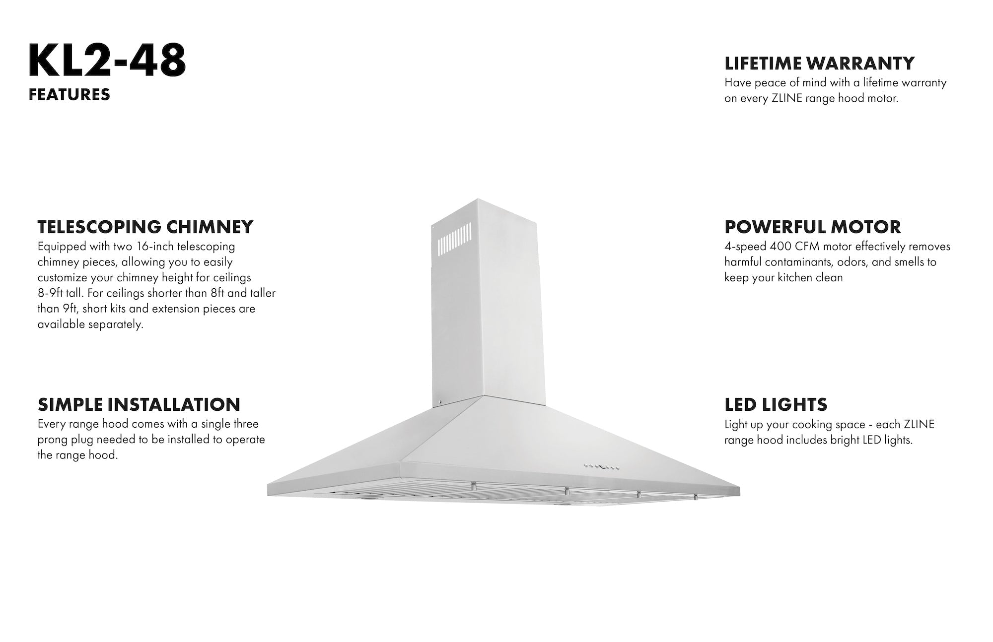 ZLINE 48 in Wall Mount Range Hood Stainless Steel Convertible Vent Kitchen Hood KL2-48
