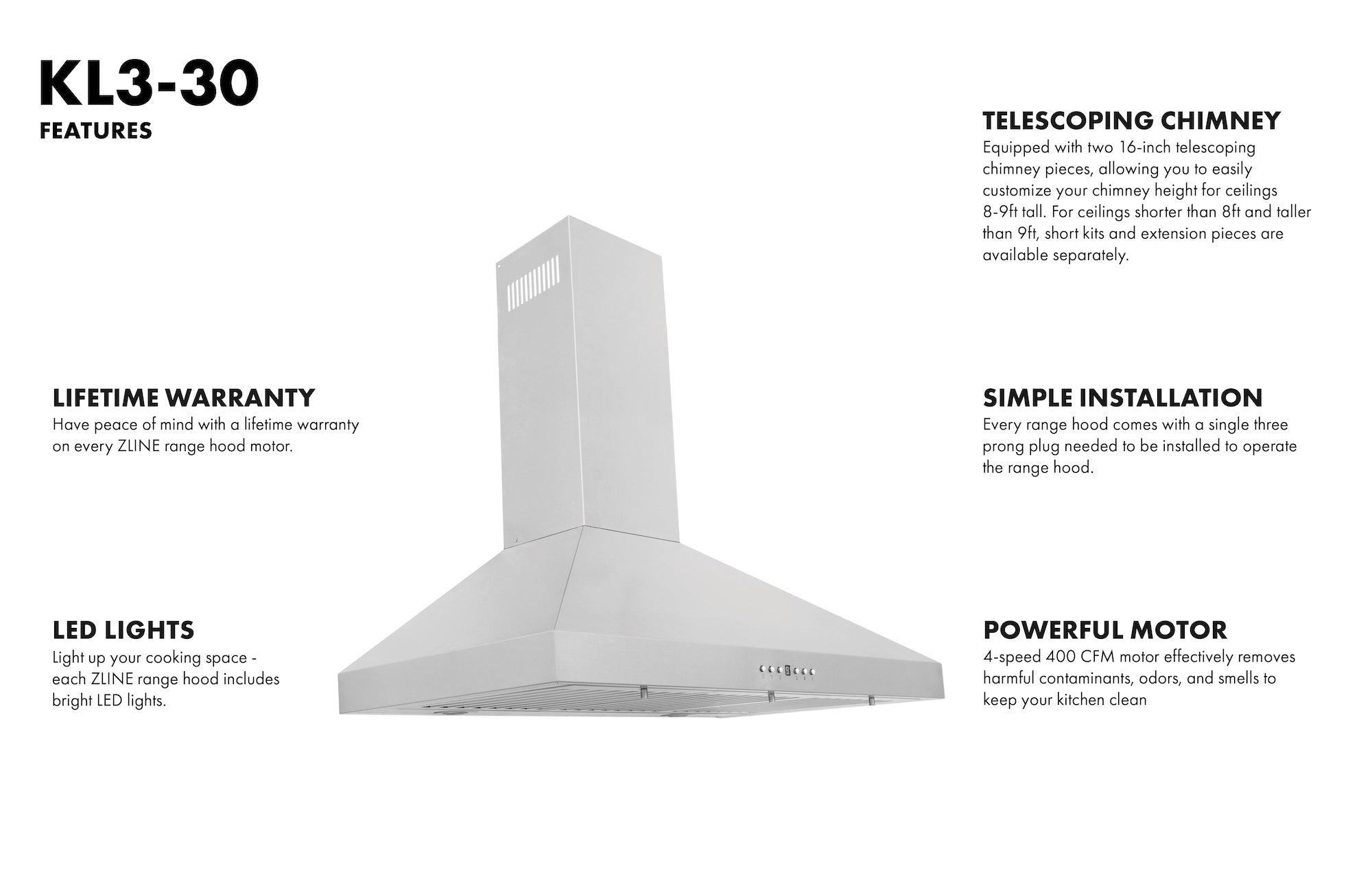 ZLINE 30 in Wall Mount Range Hood Convertible Vent Stainless Steel 400 CFM (KL3-30)