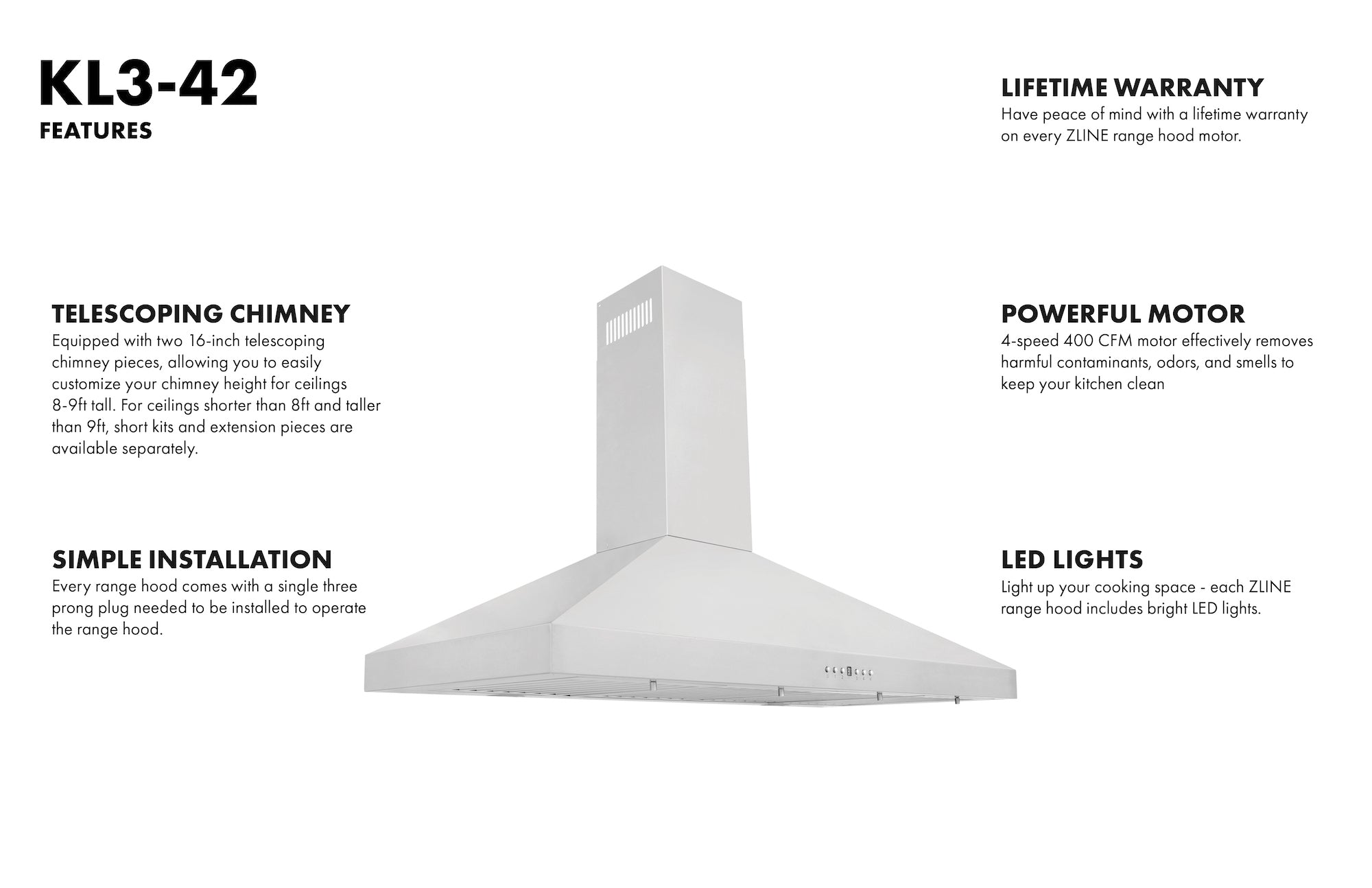 ZLINE 42 Inch Wall Mount Range Hood Convertible Vent Stainless Steel 4-Speed 400 CFM (KL3-42)