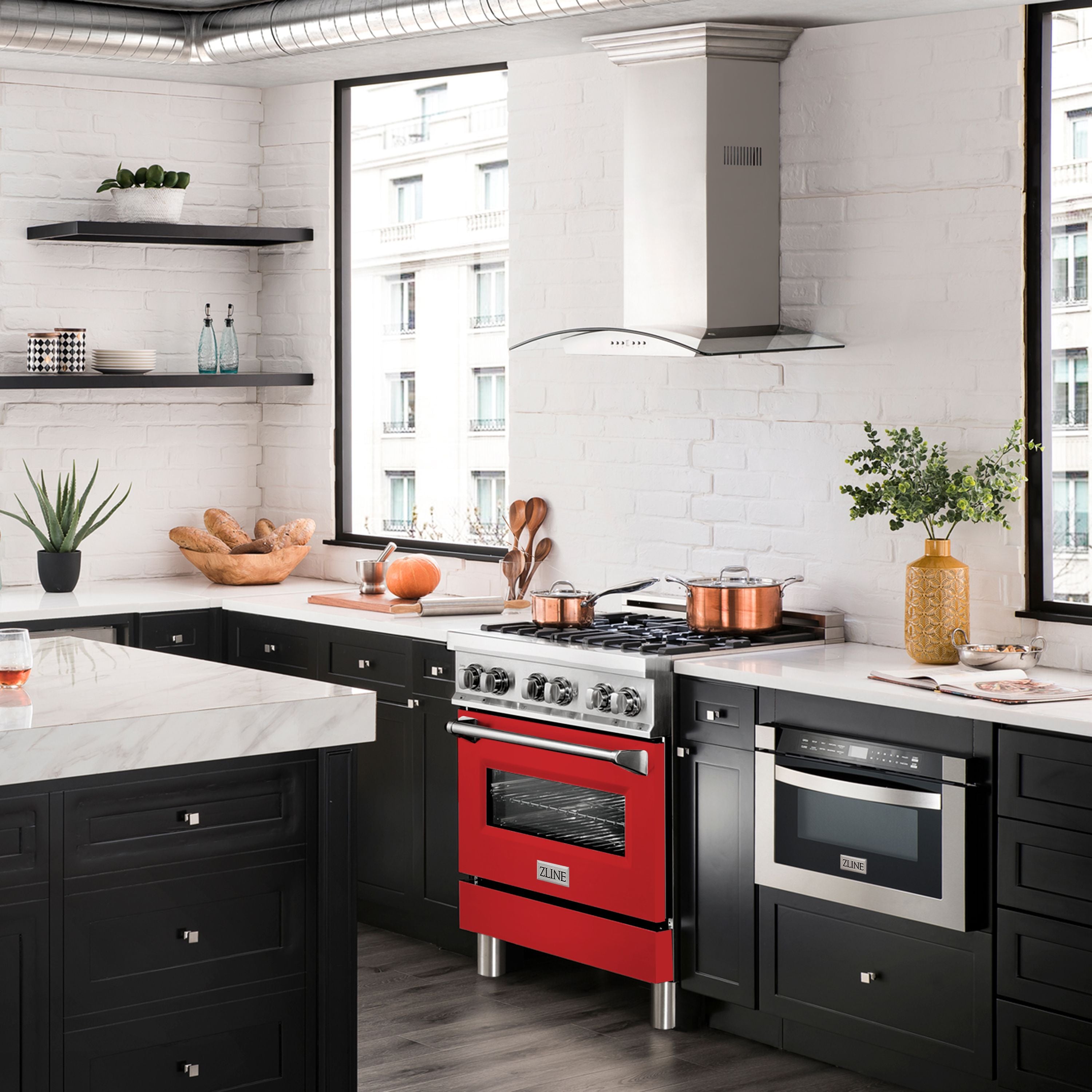ZLINE 30 in. Dual Fuel Range with Gas Cooktop and Electric Oven in Stainless Steel with Red Matte Door (RA-RM-30)