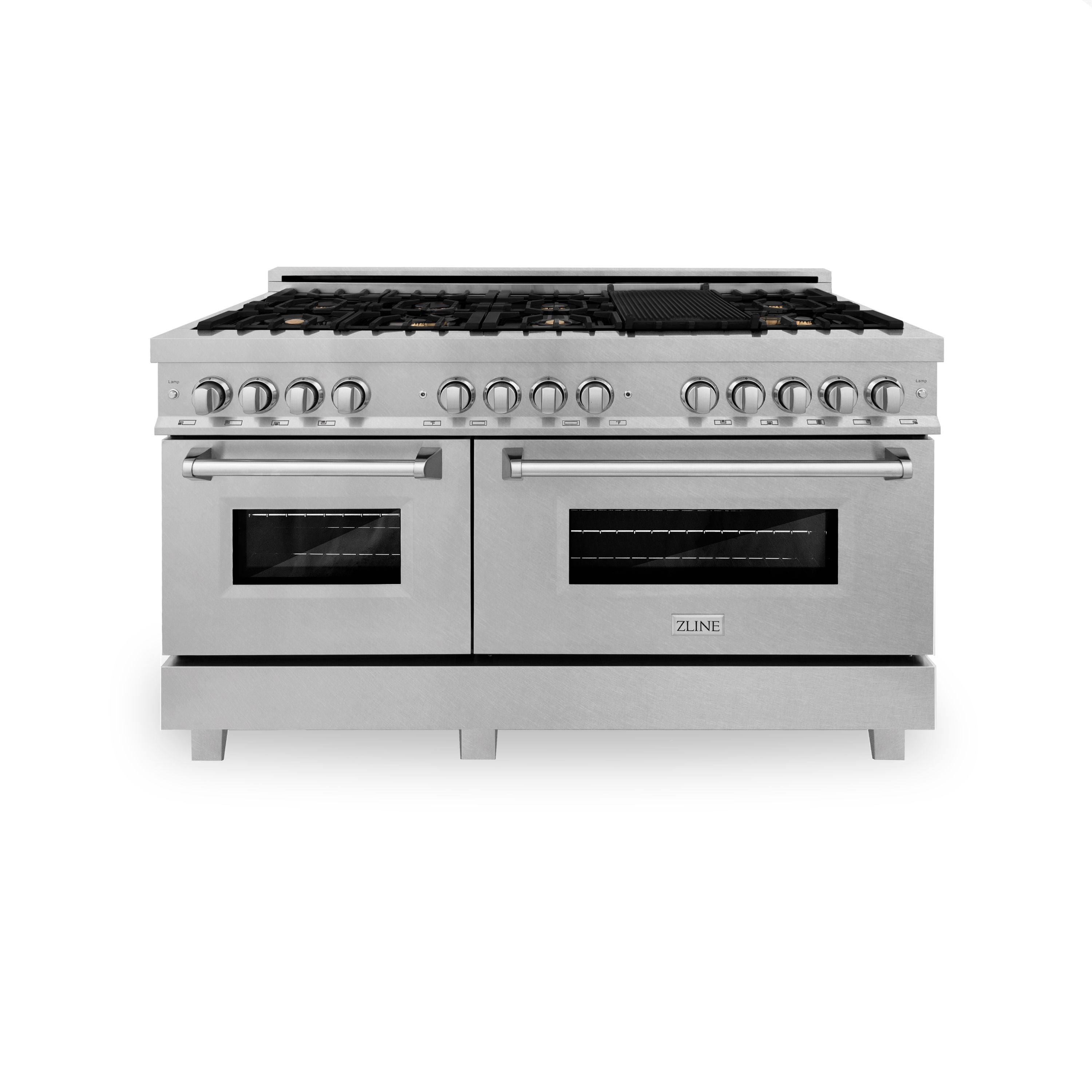 ZLINE 60 in. Legacy Dual Fuel Range with 8 Brass Burners, Gas Cooktop, Double Electric Convection Ovens (7.4 cu. ft.), Satin Stainless (RAS-SN-BR-60)