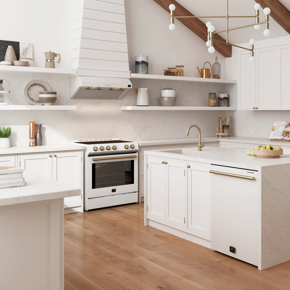 FORNO Appliance Package - 48" Dual Fuel Range, Range Hood, Dishwasher in White with Antique Brass Accents