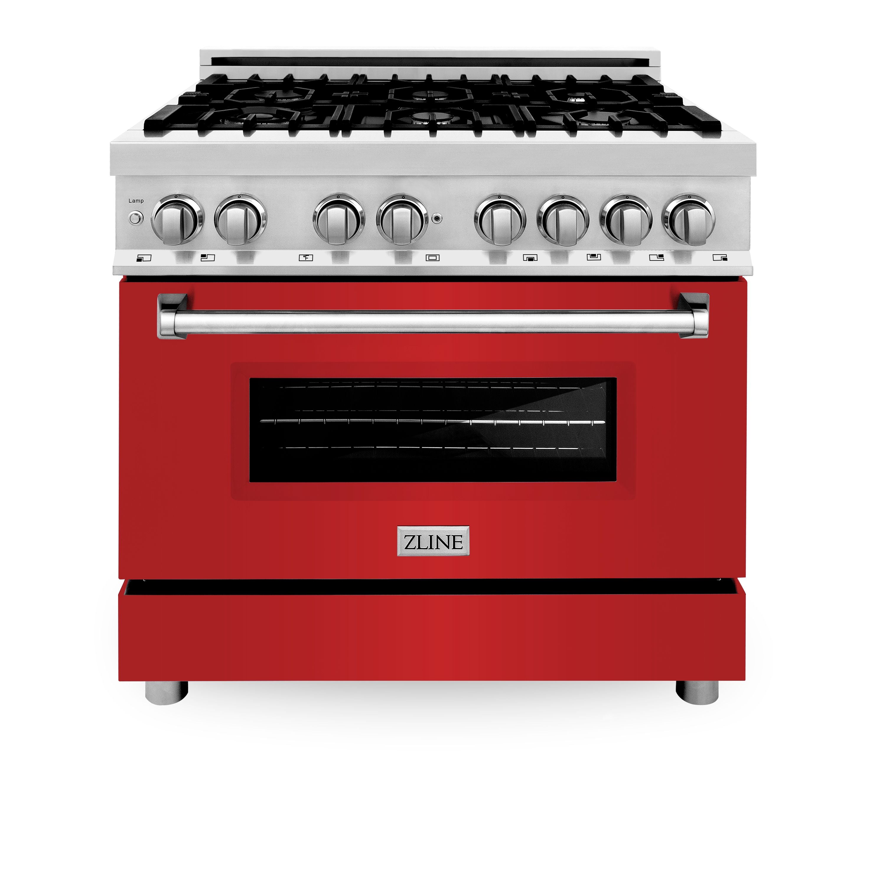 ZLINE 36 in. Dual Fuel Range with 6-Burner Gas Cooktop and Electric Convection Oven in Stainless Steel with Red Matte Door (RA-RM-36)