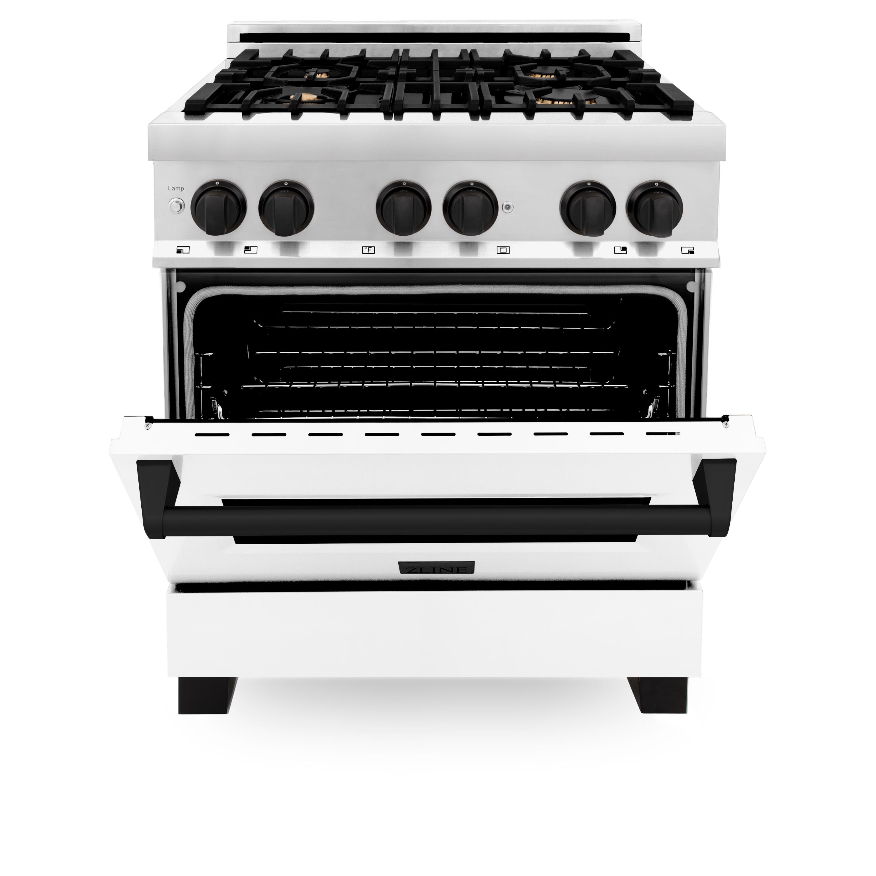 ZLINE Autograph 30 in. Dual Fuel Range 4.0 cu. ft. Gas Cooktop with Electric Convection Oven, White Matte Door and Black Matte Accents (RAZ-WM-30-MB)