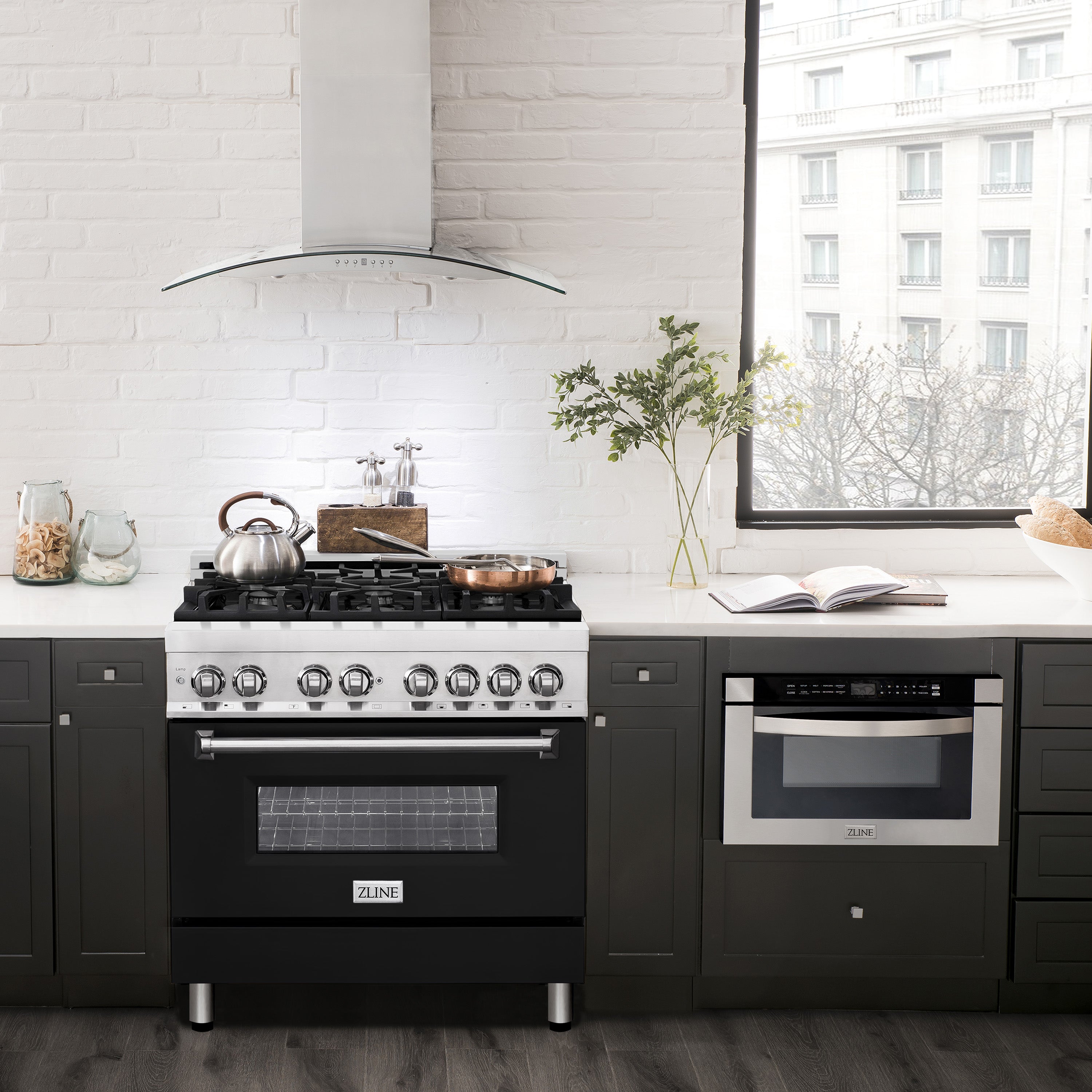ZLINE 36" Dual Fuel Range with Gas Burners and Electric Oven, Stainless Steel with Black Matte Door (RA-BLM-36)