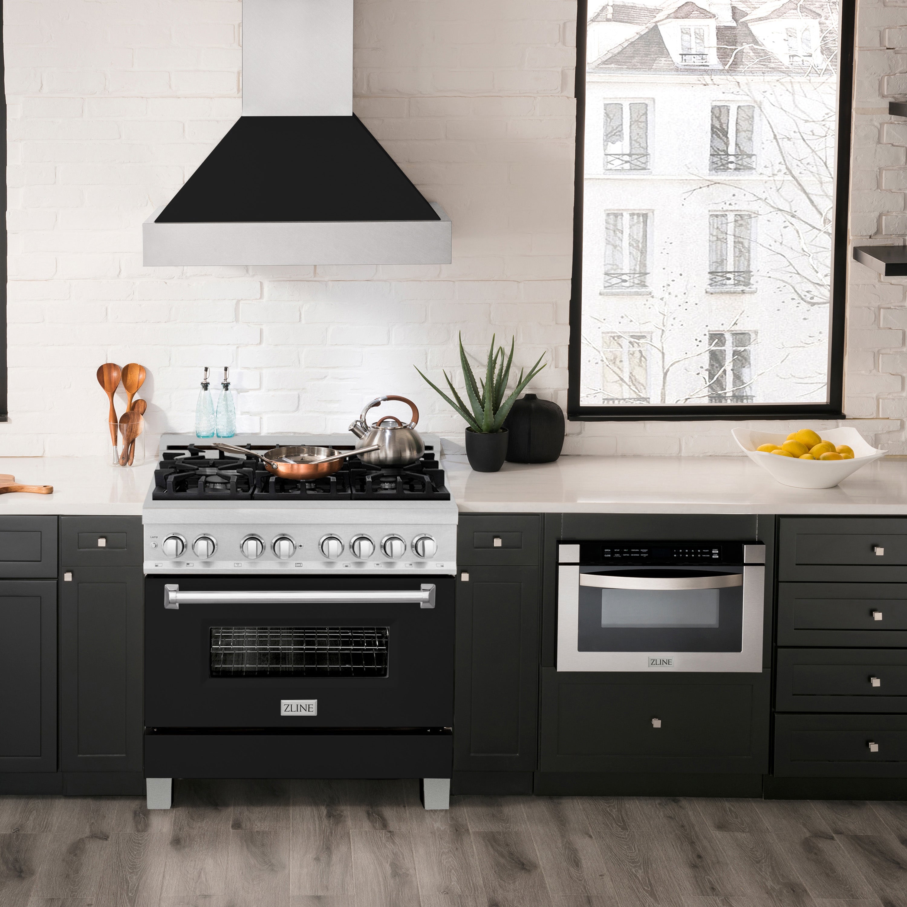 ZLINE Legacy 36-Inch Dual Fuel Range, 4.6 cu. ft. Electric Convection Oven, 6-Burner Gas Cooktop, Satin Stainless Steel with Black Matte Door – Model RAS-BLM-36