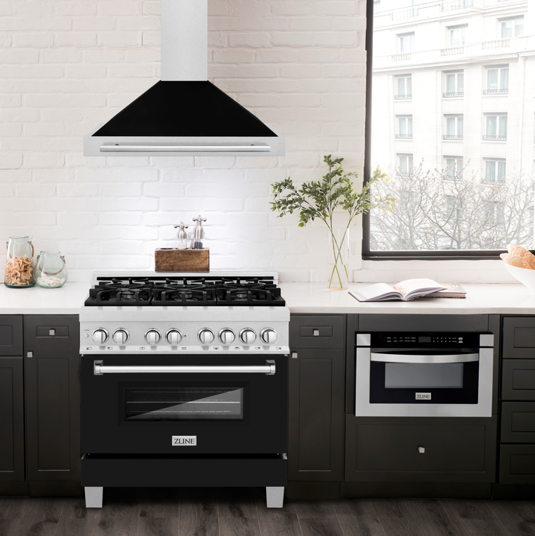 ZLINE 36 in. Wall Mount Range Hood Convertible Satin Stainless Steel Black Matte Shell Stainless Steel Handle (KB4SNX-BLM-36)