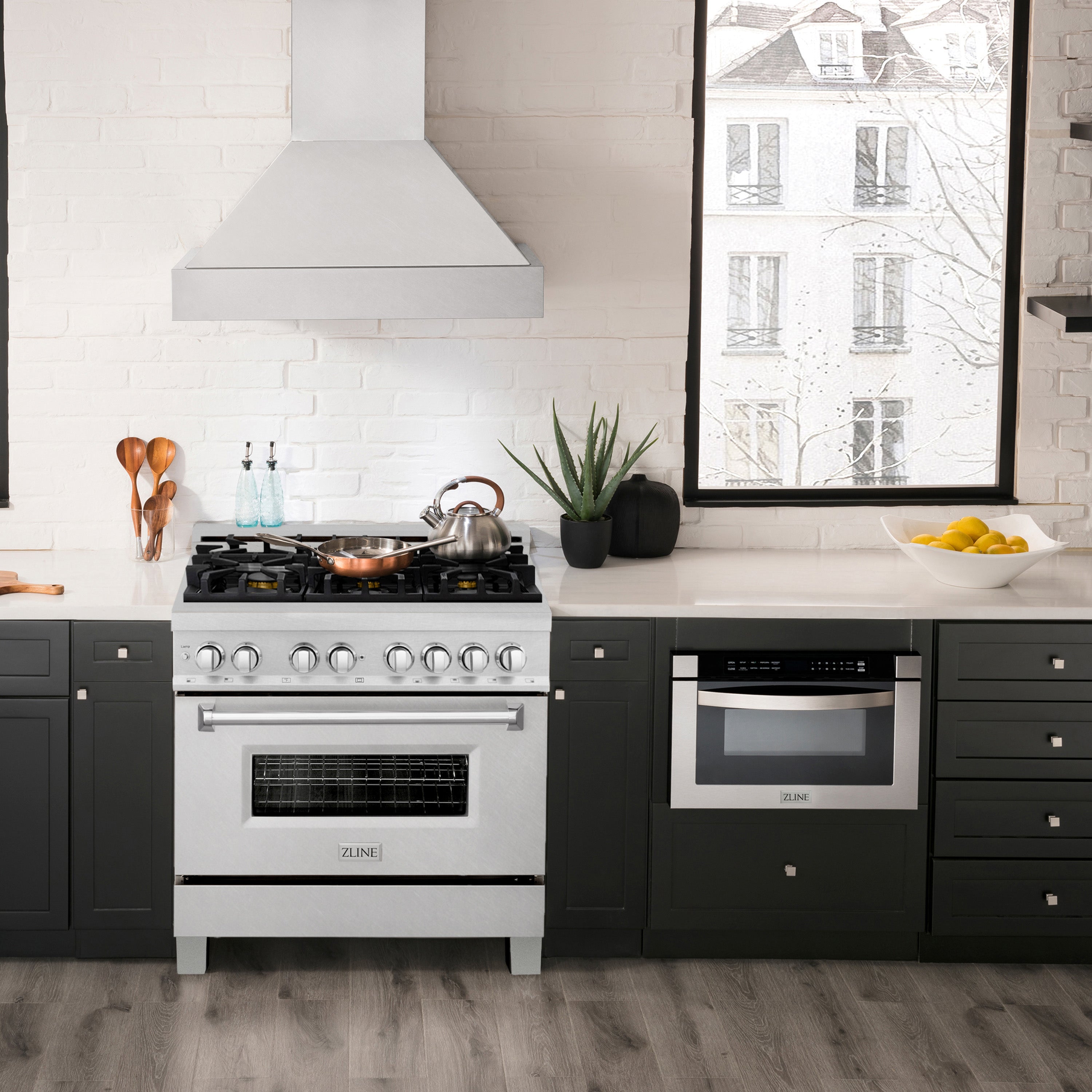 ZLINE 36 in. 4.6 cu. ft. Legacy Series Dual Fuel Range with 6-Burner Gas Cooktop and Electric Convection Oven in Satin Stainless Steel with Brass Burners (RAS-SN-BR-36)