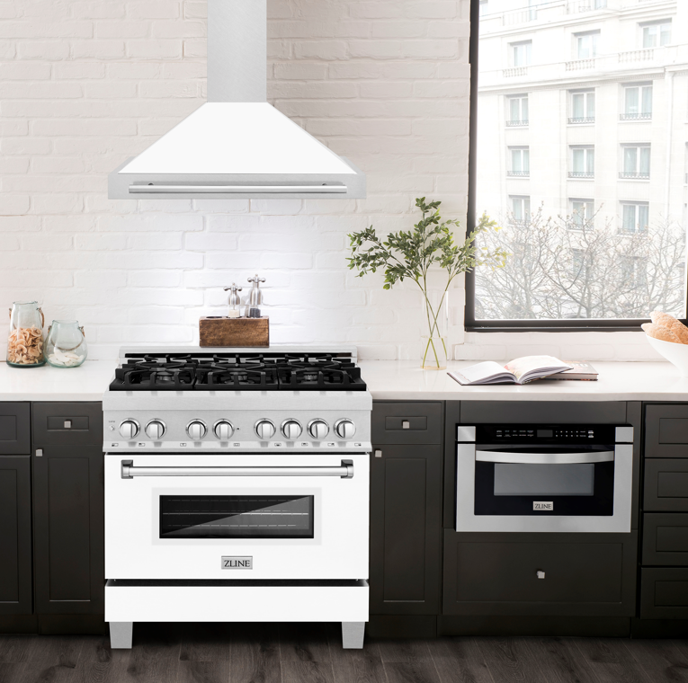 ZLINE 36 in. Wall Mount Range Hood Convertible Satin Stainless Steel White Matte Shell Stainless Steel Handle (KB4SNX-WM-36)