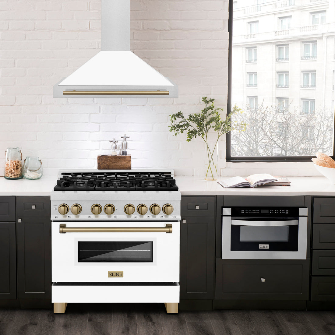 ZLINE 36 in. Wall Mount Range Hood Convertible Satin Stainless Steel White Matte Shell Champagne Bronze Handle (KB4SNZ-WM36-CB)