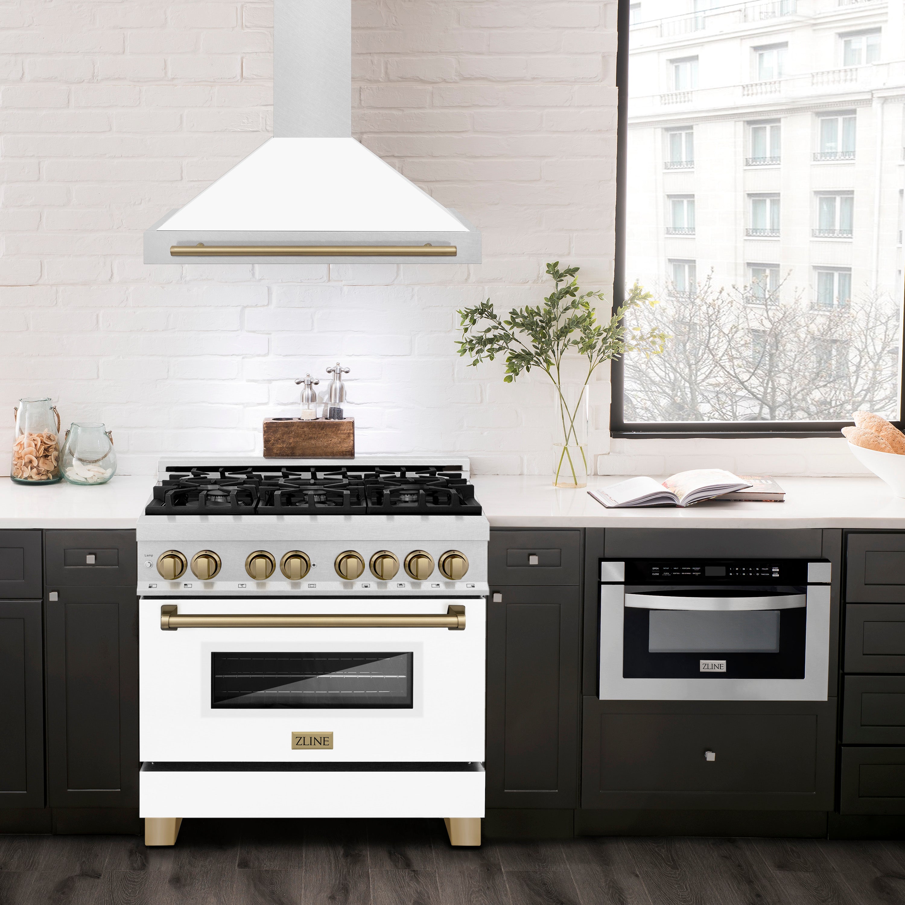 ZLINE 36 in. Wall Mount Range Hood Convertible Satin Stainless Steel White Matte Shell Champagne Bronze Handle (KB4SNZ-WM36-CB)