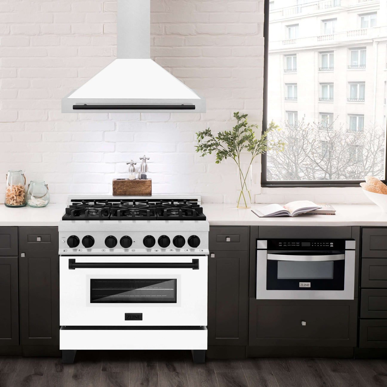 ZLINE 36 in. Wall Mount Range Hood Convertible Satin Stainless Steel White Matte Shell Matte Black Handle KB4SNZ-WM36-MB