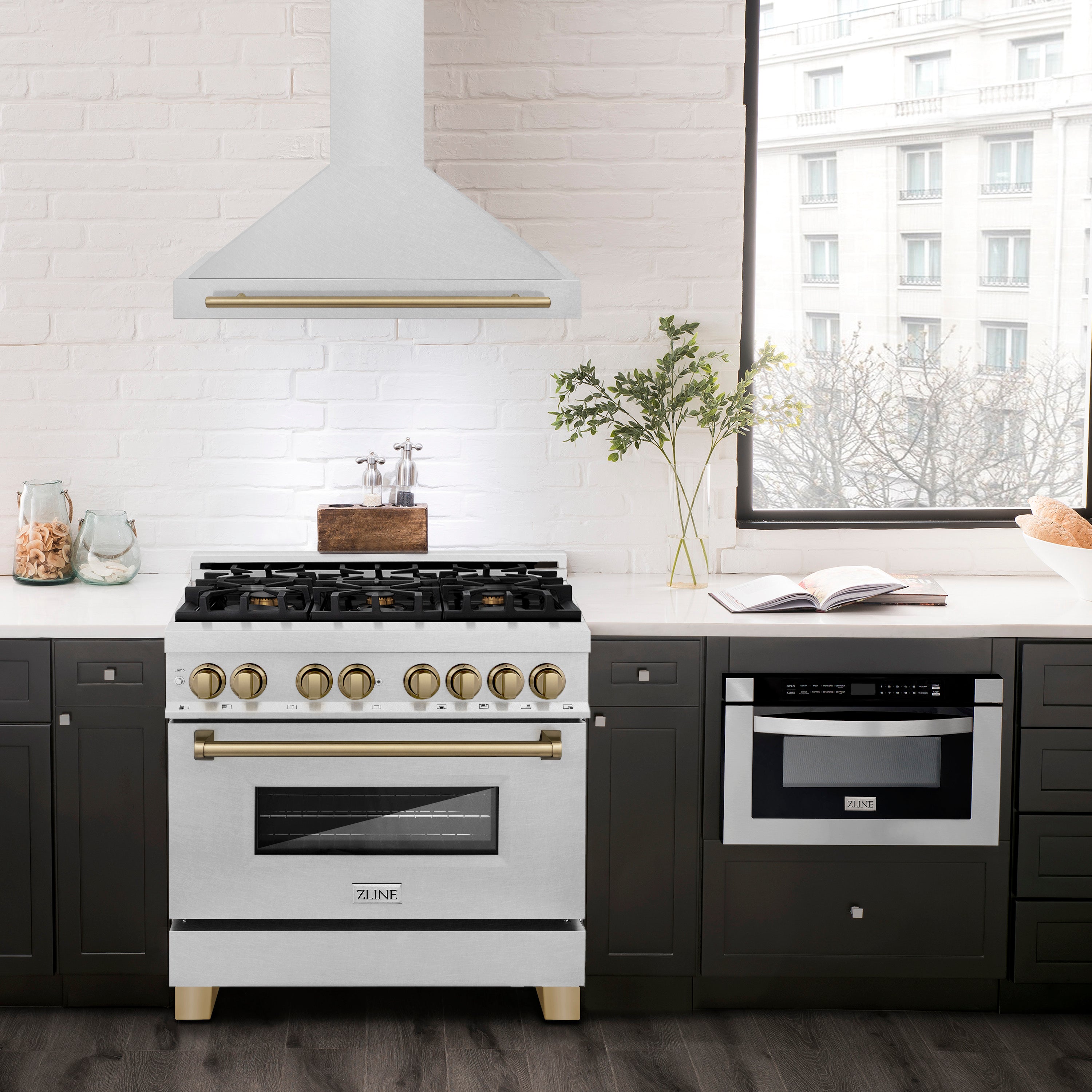 ZLINE 36 in. Wall Mount Range Hood – Satin Stainless Steel, Convertible Venting, Champagne Bronze Handle (KB4SNZ-36-CB)