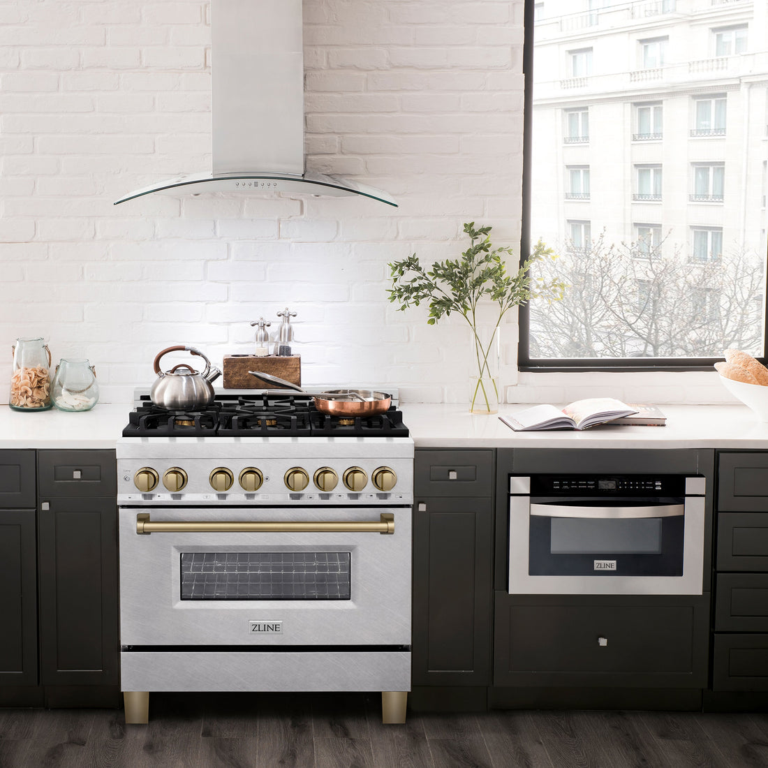 ZLINE Autograph Edition 36 in. 4.6 cu. ft. Legacy Dual Fuel Range with 6 Burner Gas Cooktop and Electric Convection Oven in Satin Stainless Steel with Champagne Bronze Accents (RASZ-SN-36-CB)