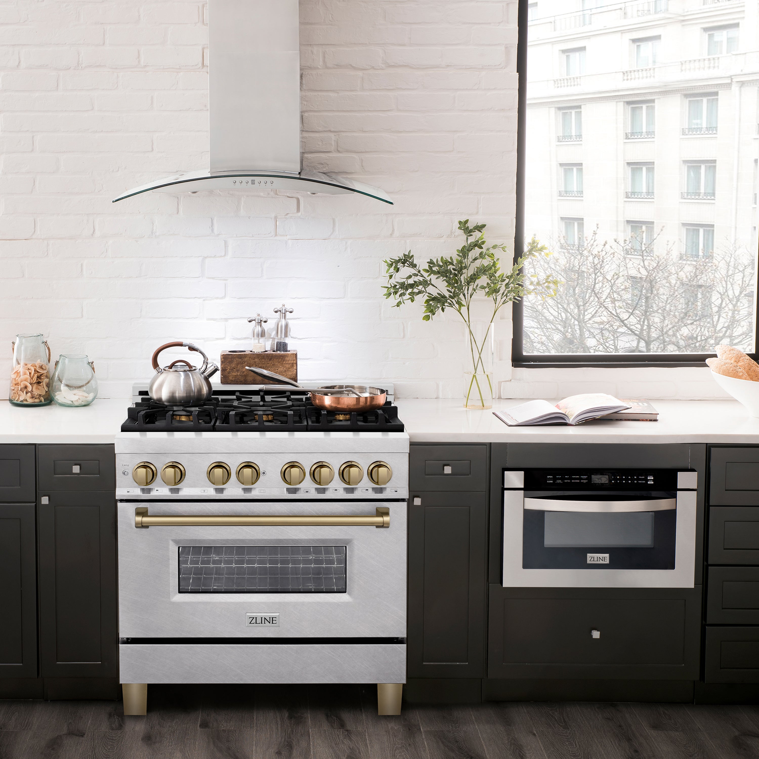 ZLINE Autograph Edition 36 in. 4.6 cu. ft. Legacy Dual Fuel Range with 6 Burner Gas Cooktop and Electric Convection Oven in Satin Stainless Steel with Champagne Bronze Accents (RASZ-SN-36-CB)