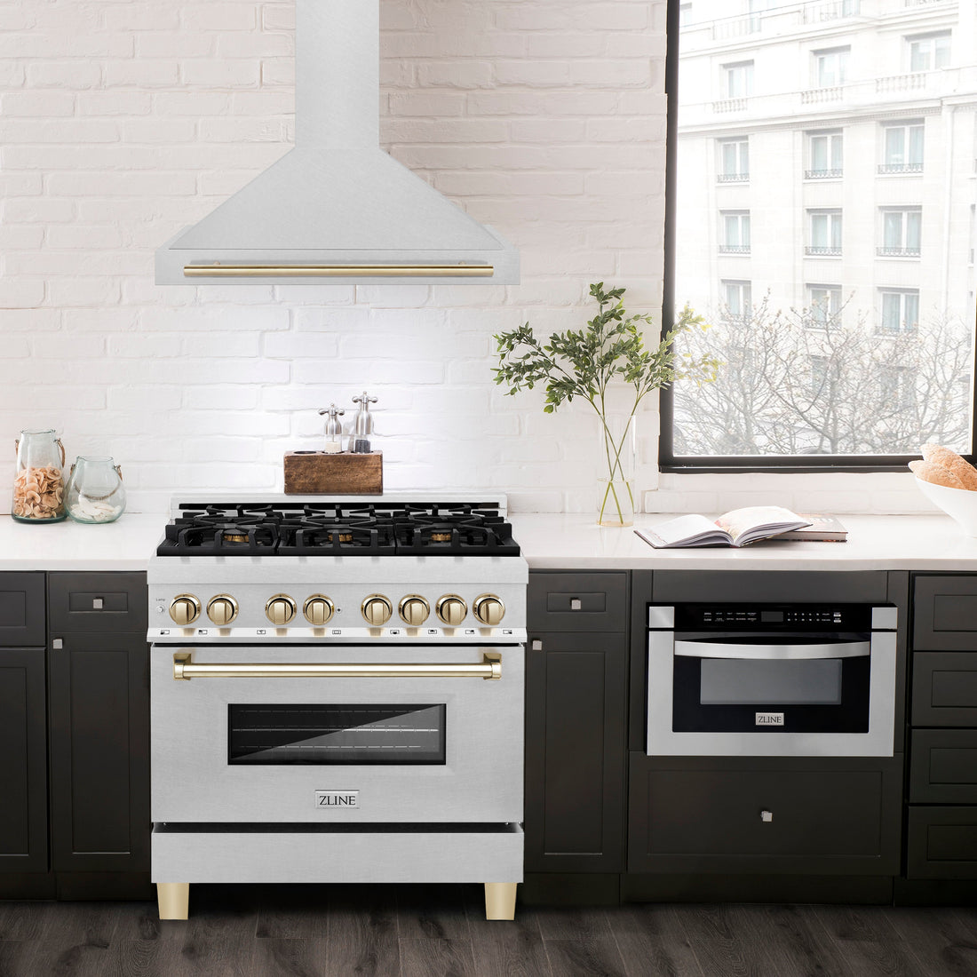 ZLINE 36 in. Wall Mount Range Hood Convertible Satin Stainless Steel Polished Gold Handle 400 CFM (KB4SNZ-36-G)