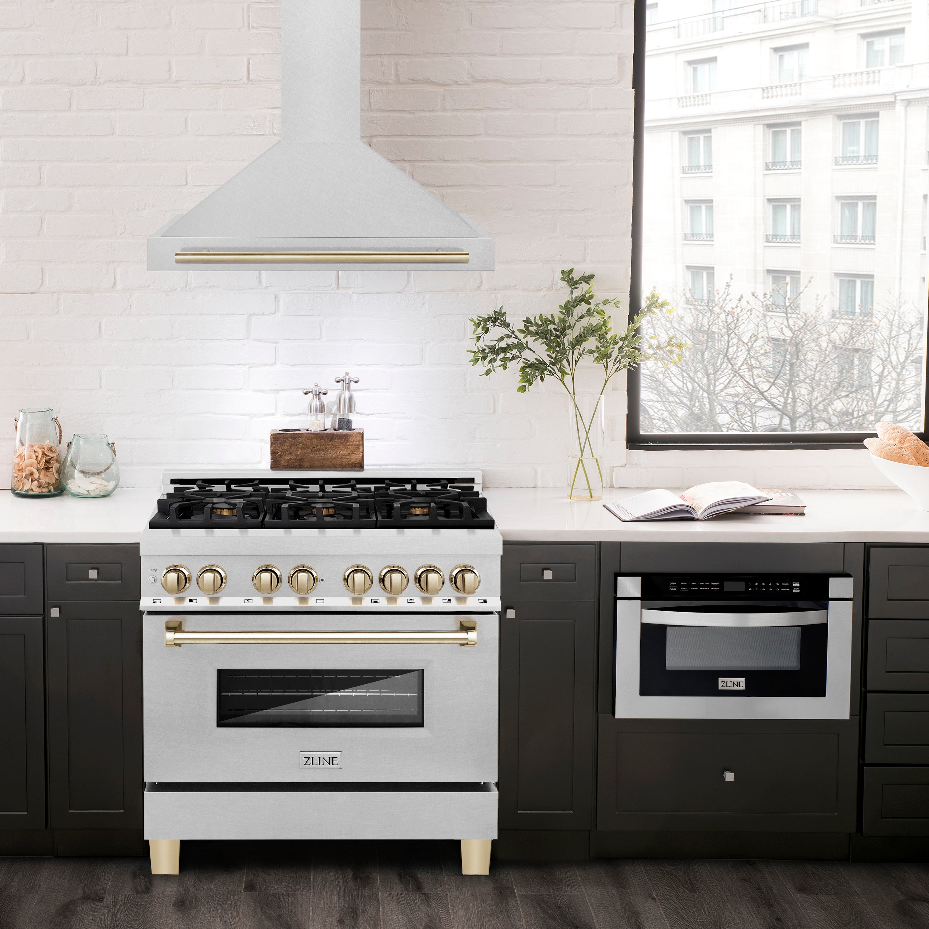 ZLINE 36 in. Wall Mount Range Hood Convertible Satin Stainless Steel Polished Gold Handle 400 CFM (KB4SNZ-36-G)