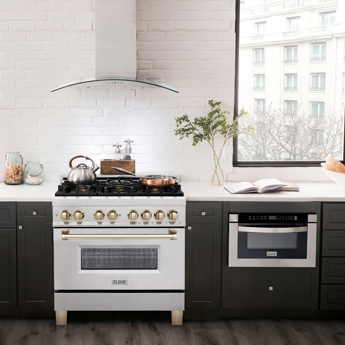 ZLINE Autograph 36 in. 4.6 cu. ft. Legacy Dual Fuel Range with 6 Gas Burners and Electric Convection Oven in Satin Stainless Steel with Polished Gold Accents (RASZ-SN-36-G)