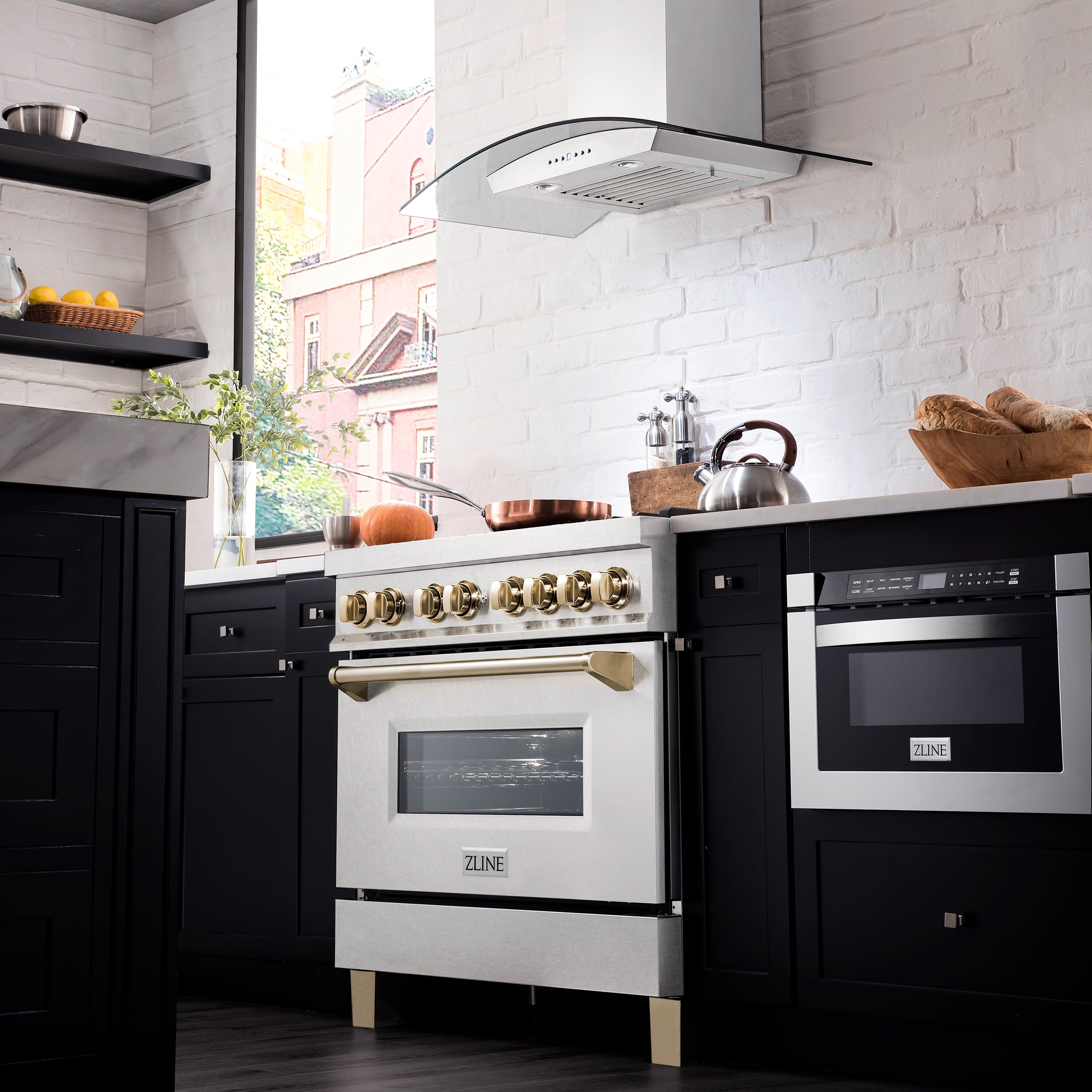 ZLINE Autograph 36 in. 4.6 cu. ft. Legacy Dual Fuel Range with 6 Gas Burners and Electric Convection Oven in Satin Stainless Steel with Polished Gold Accents (RASZ-SN-36-G)