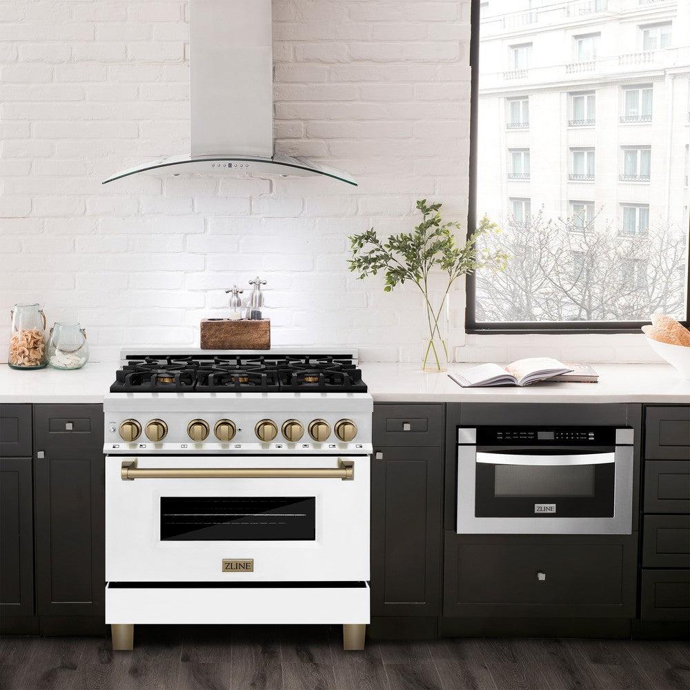 ZLINE Autograph Edition 36 in. 4.6 cu. ft. Dual Fuel Range with Gas Cooktop and Electric Convection Oven, White Matte Door with Champagne Bronze Accents (RAZ-WM-36-CB)