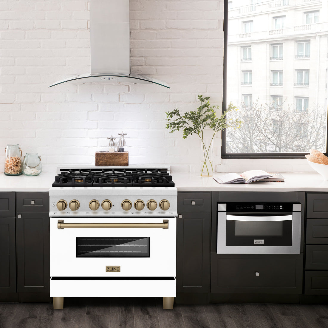 ZLINE Autograph Edition 36 in. 4.6 cu. ft. Legacy Dual Fuel Range with 6 Sealed Gas Burners and Electric Convection Oven in Satin Stainless Steel with White Matte Door and Champagne Bronze Accents (RASZ-WM-36-CB)