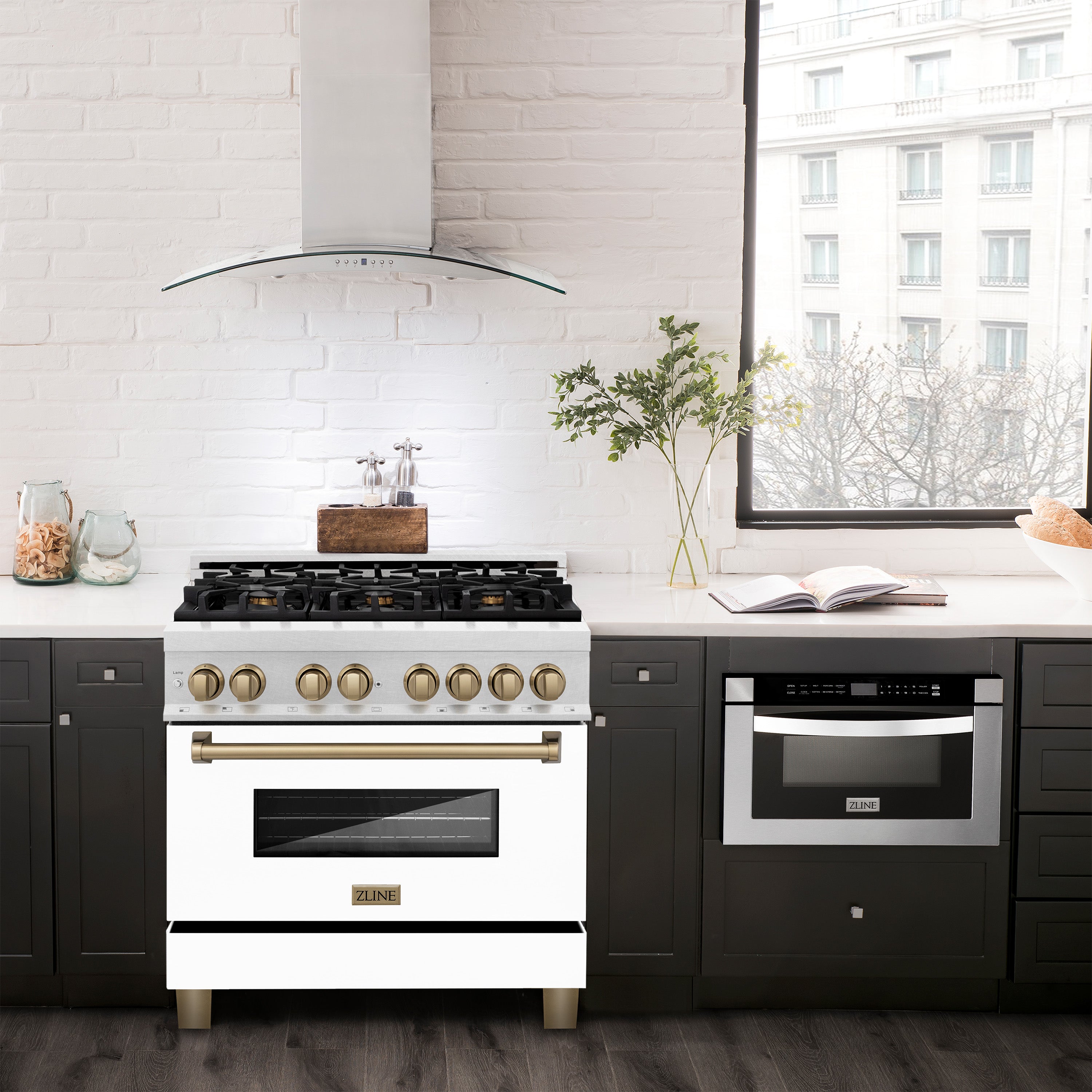ZLINE Autograph Edition 36 in. 4.6 cu. ft. Legacy Dual Fuel Range with 6 Sealed Gas Burners and Electric Convection Oven in Satin Stainless Steel with White Matte Door and Champagne Bronze Accents (RASZ-WM-36-CB)