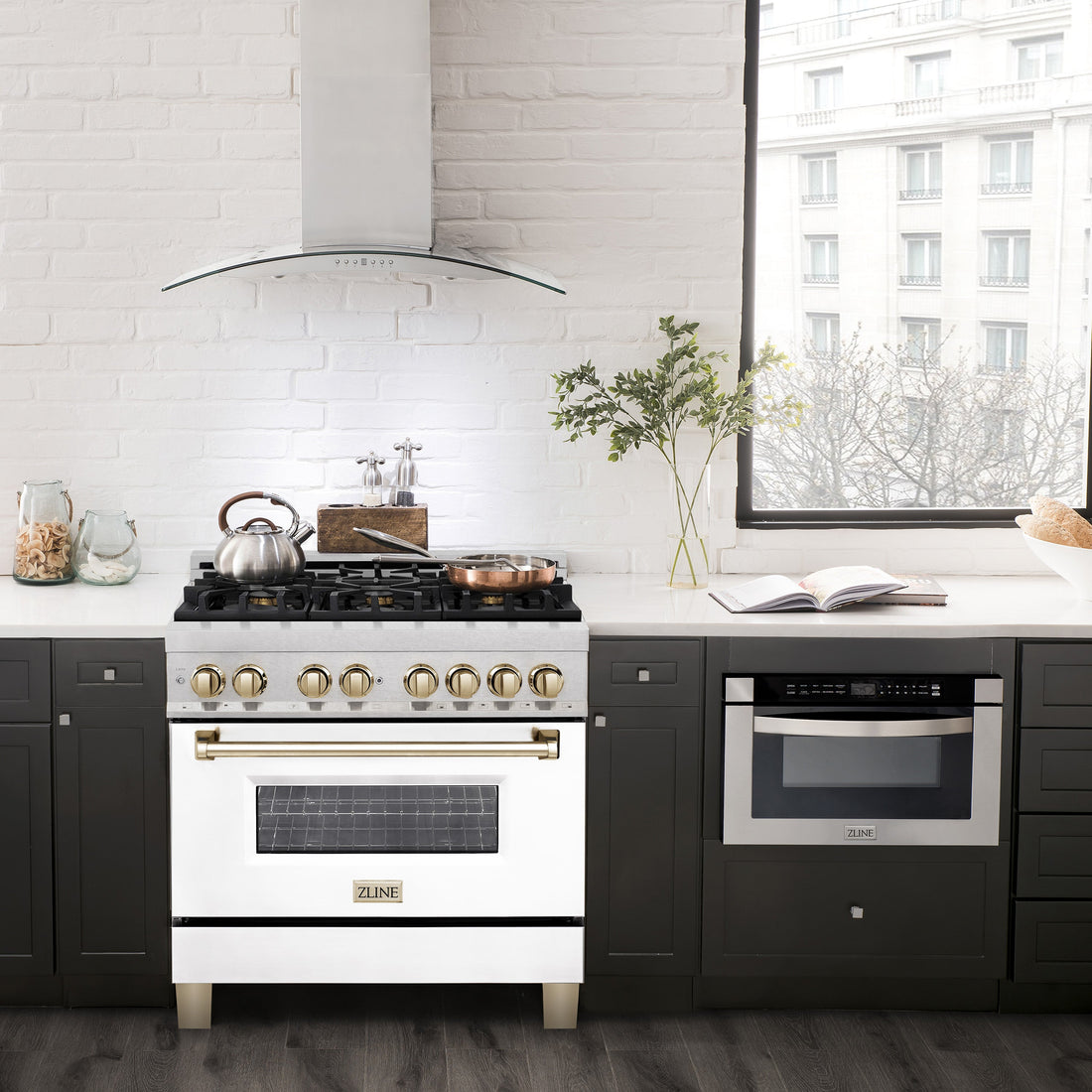 ZLINE Autograph 36 in. 4.6 cu. ft. Legacy Dual Fuel Range with 6 Burner Gas Cooktop and Electric Convection Oven in Satin Stainless Steel with White Matte Door and Polished Gold Accents (RASZ-WM-36-G)