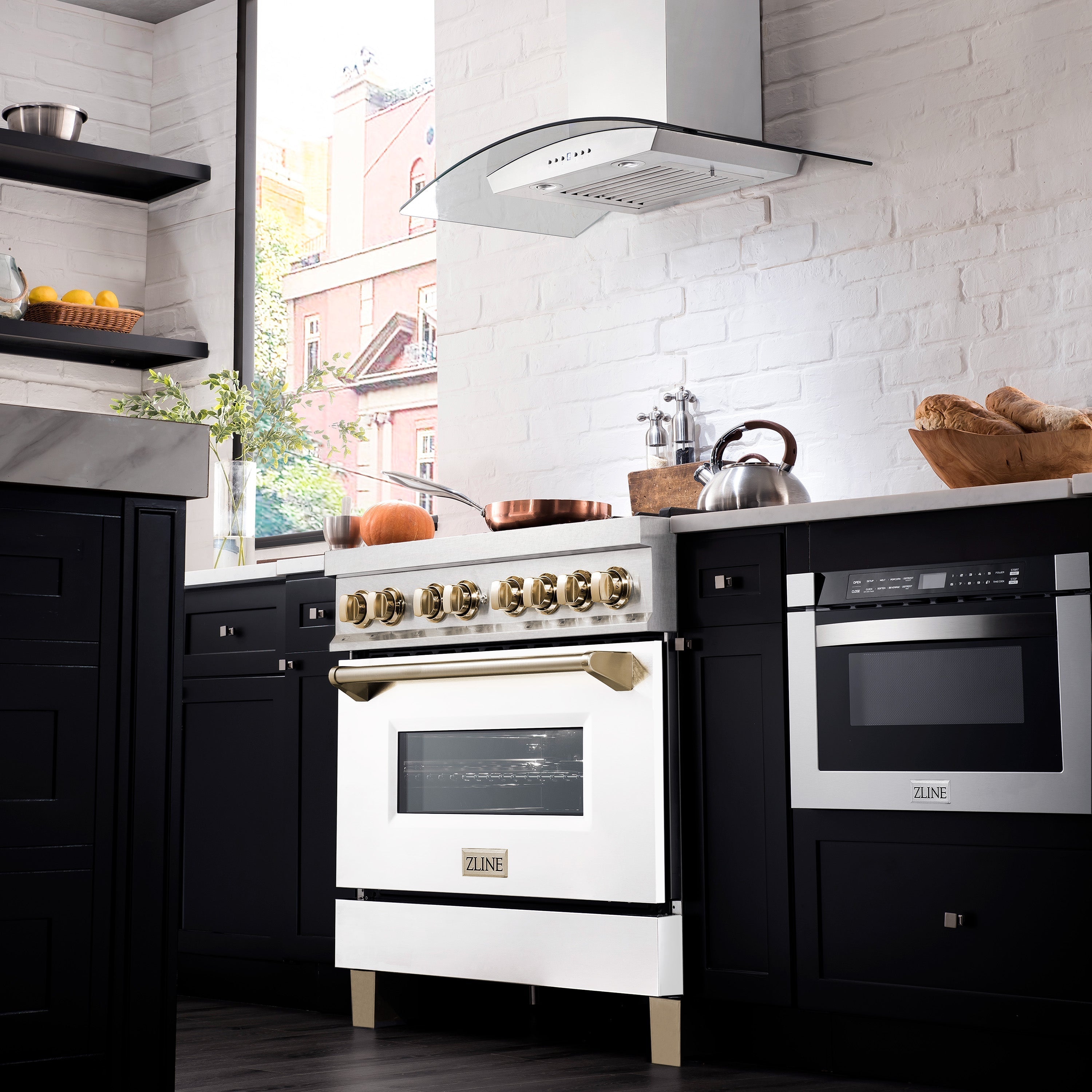 ZLINE Autograph 36 in. 4.6 cu. ft. Legacy Dual Fuel Range with 6 Burner Gas Cooktop and Electric Convection Oven in Satin Stainless Steel with White Matte Door and Polished Gold Accents (RASZ-WM-36-G)