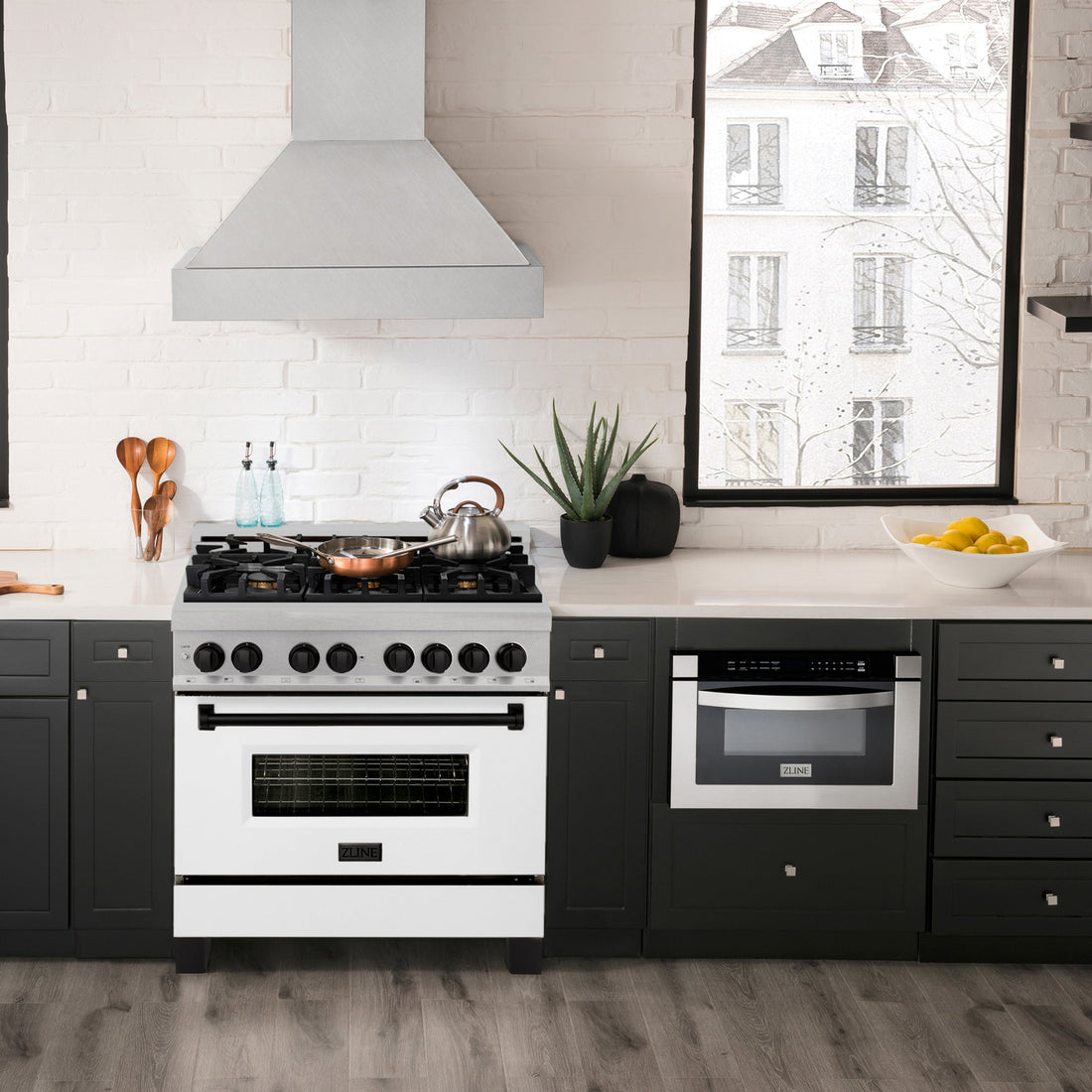 ZLINE Autograph Edition 36 in. 4.6 cu. ft. Dual Fuel Range with 6 Gas Burners and Electric Convection Oven, Satin Stainless Steel with White Matte Door and Matte Black Accents (Model RASZ-WM-36-MB)