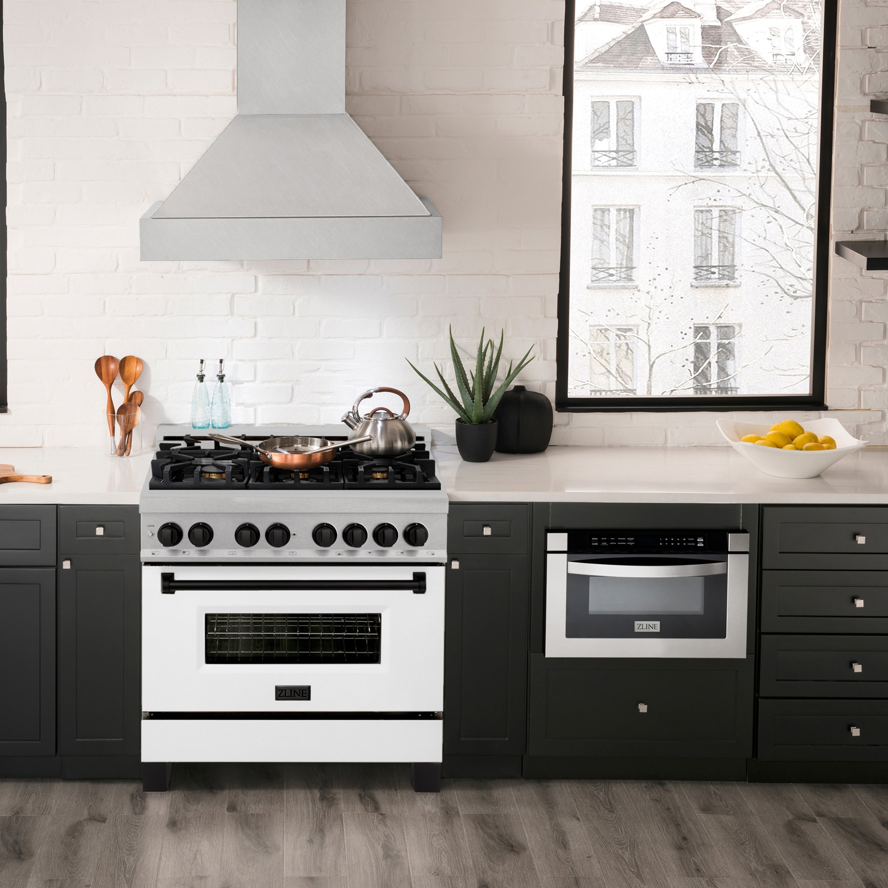 ZLINE Autograph Edition 36 in. 4.6 cu. ft. Dual Fuel Range with 6 Gas Burners and Electric Convection Oven, Satin Stainless Steel with White Matte Door and Matte Black Accents (Model RASZ-WM-36-MB)