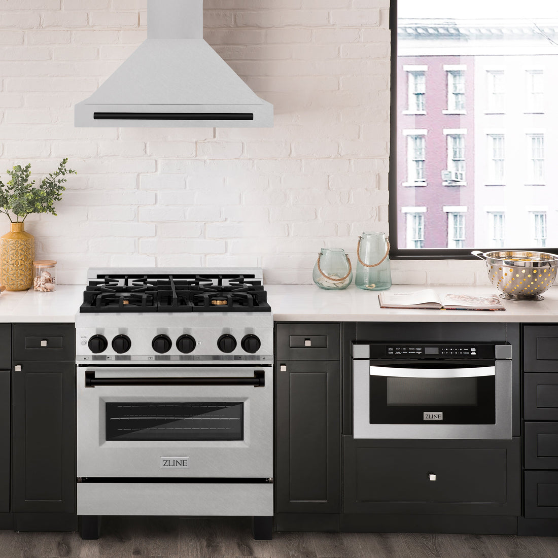 ZLINE 30 in. Wall Mount Range Hood Convertible Satin Stainless Steel Matte Black Handle 400 CFM (KB4SNZ-30-MB)