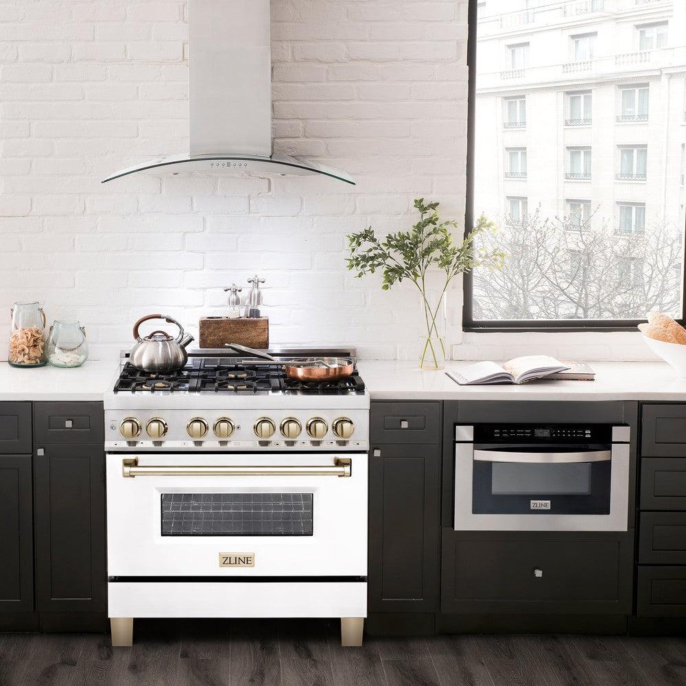 ZLINE Autograph 36 in. 4.6 cu. ft. Dual Fuel Range with White Matte Door and Gold Accents (RAZ-WM-36-G)