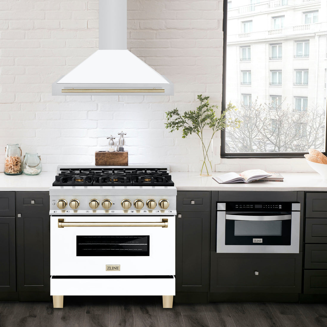 ZLINE 36 Inch Wall Mount Range Hood Stainless Steel Matte White Shell Gold Handle Autograph Edition (KB4STZ-WM36-G)