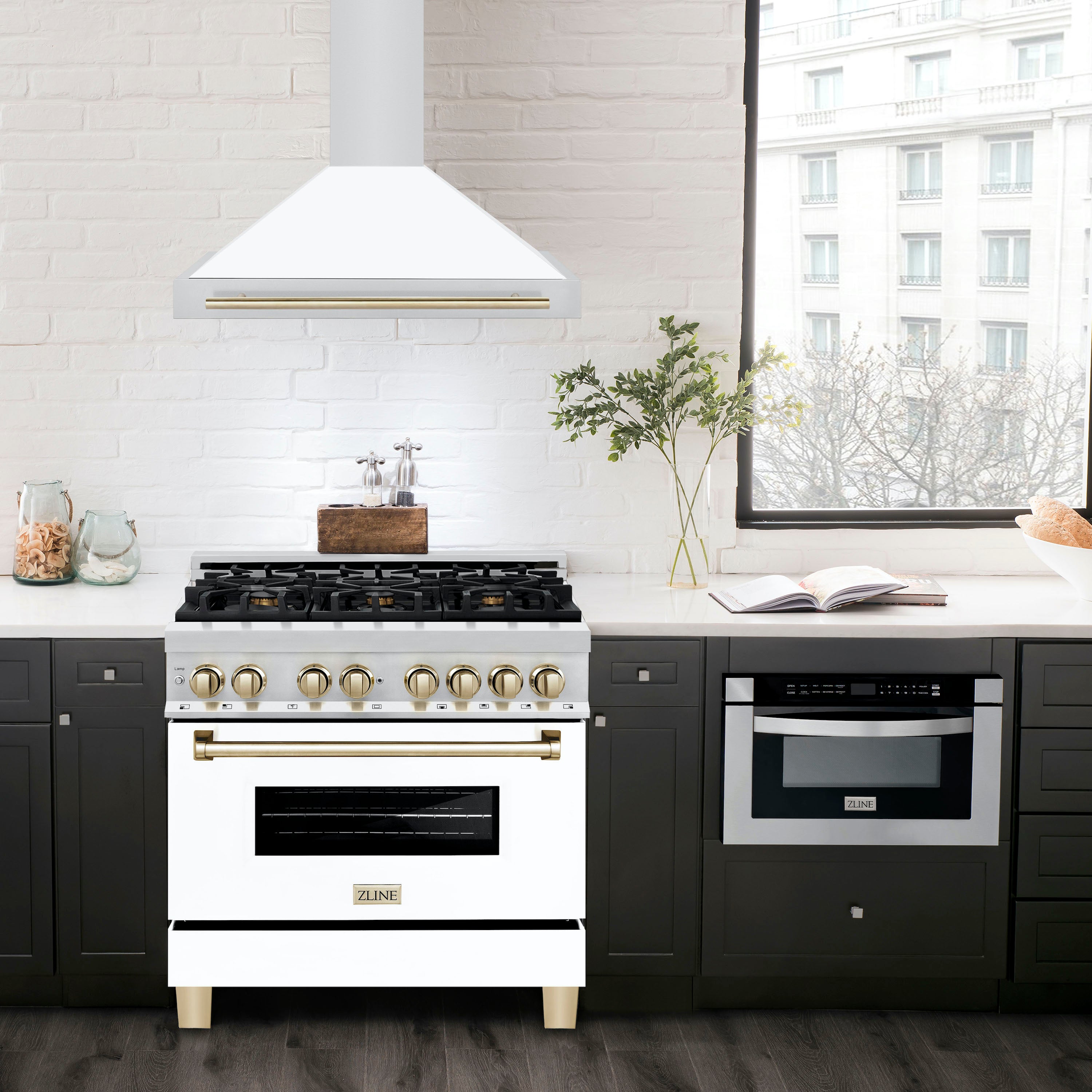 ZLINE 36 Inch Wall Mount Range Hood Stainless Steel Matte White Shell Gold Handle Autograph Edition (KB4STZ-WM36-G)