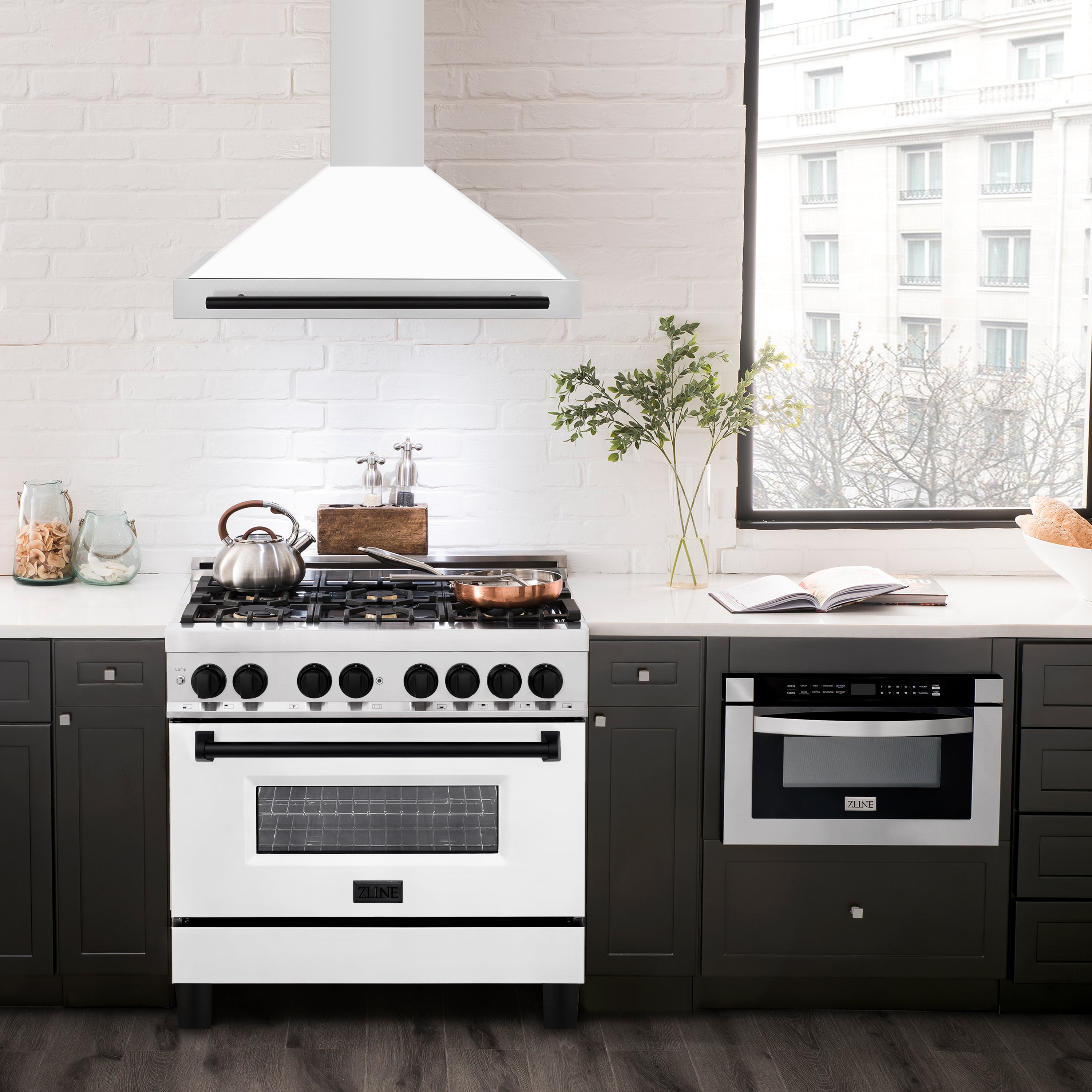 ZLINE 36 in. Wall Mount Range Hood Stainless Steel White Matte Shell Black Handle Autograph Edition (KB4STZ-WM36-MB)