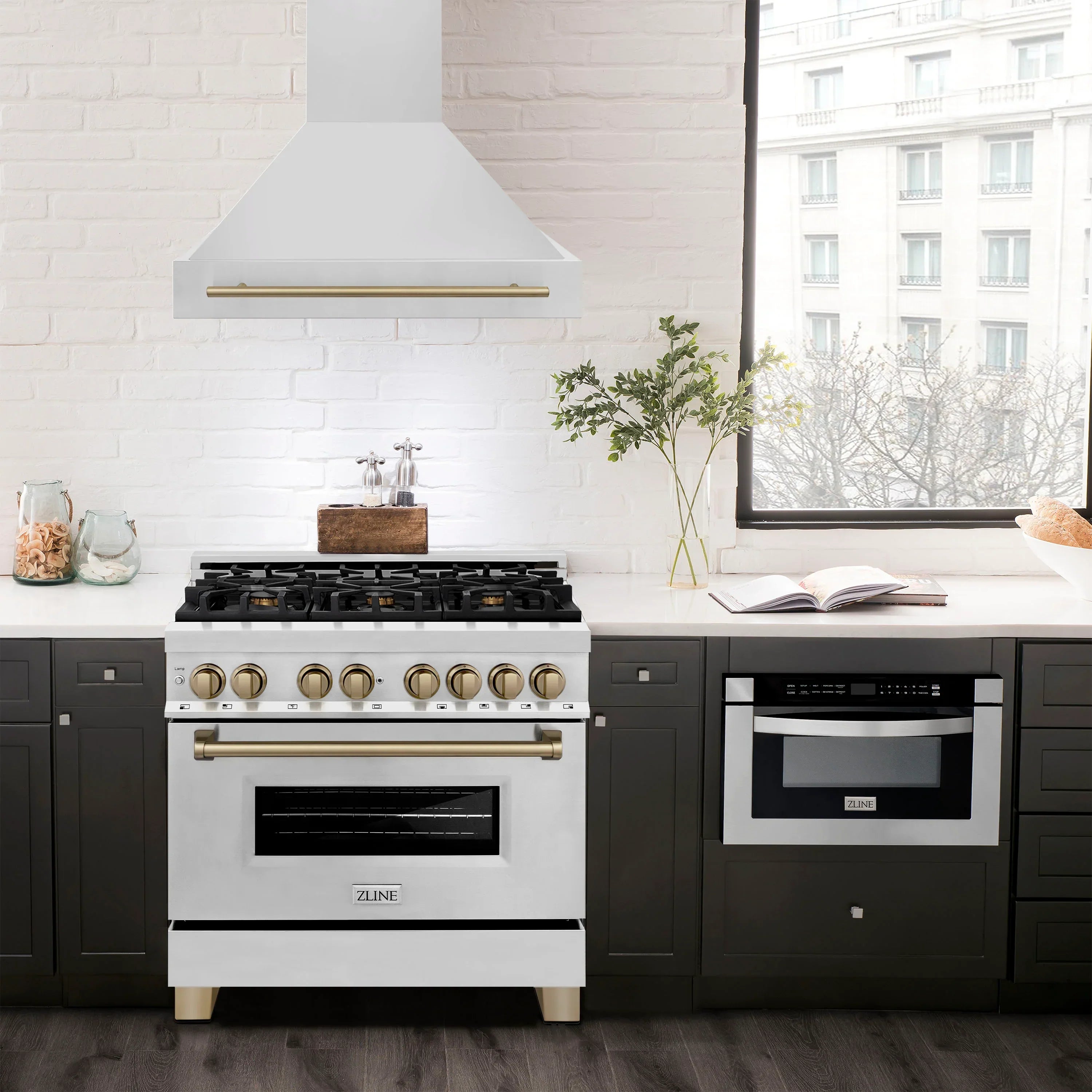 ZLINE 36 Inch Wall Mount Range Hood Stainless Steel Champagne Bronze Handle 8654STZ-36-CB