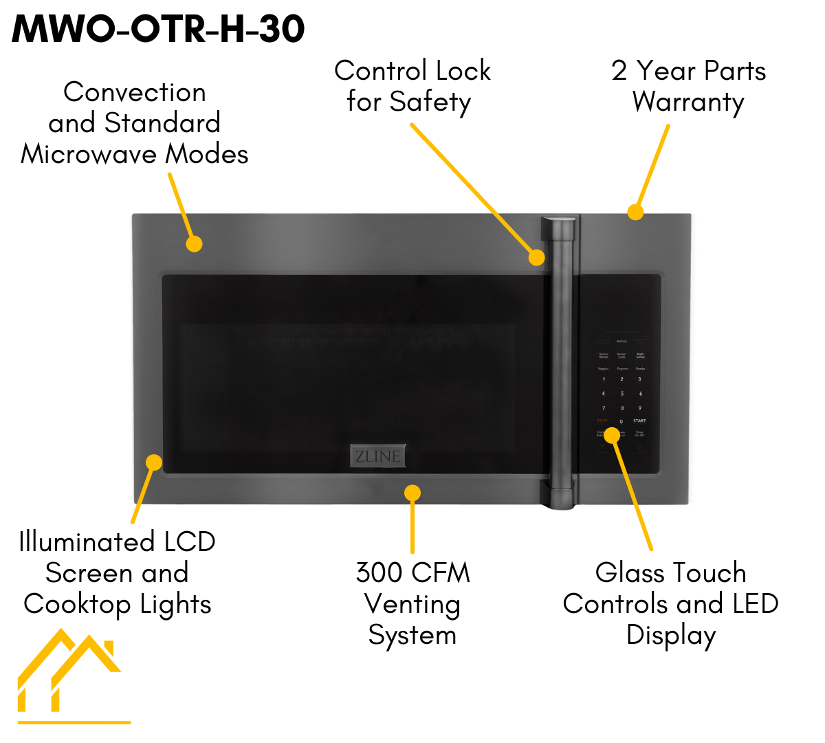 ZLINE Over the Range Convection Microwave Oven in Black Stainless Steel with Traditional Handle and Sensor Cooking, MWO-OTR-H-30-BS