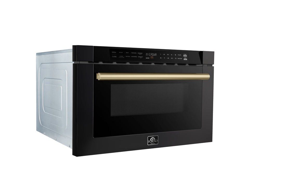 FORNO Capoliveri 24-Inch Built-In Microwave Drawer, 1.2 cu. ft., Black with Antique Brass Handle (Model FMWDR3000-24BLK)