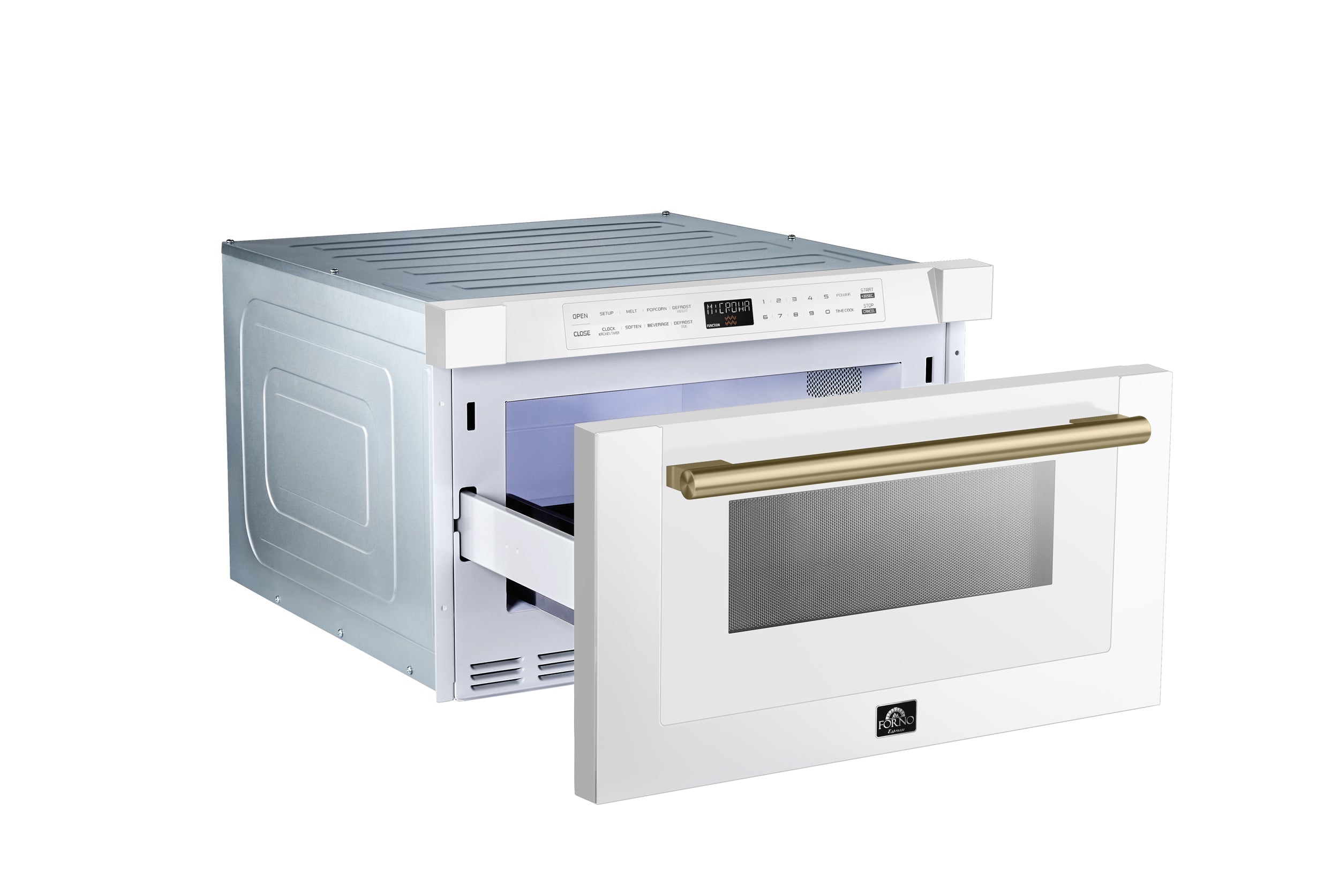 orno Capoliveri 24 in. Built-In Microwave Drawer, 1.2 cu. ft., White with Antique Brass Handles (Model FMWDR3000-24WHT)