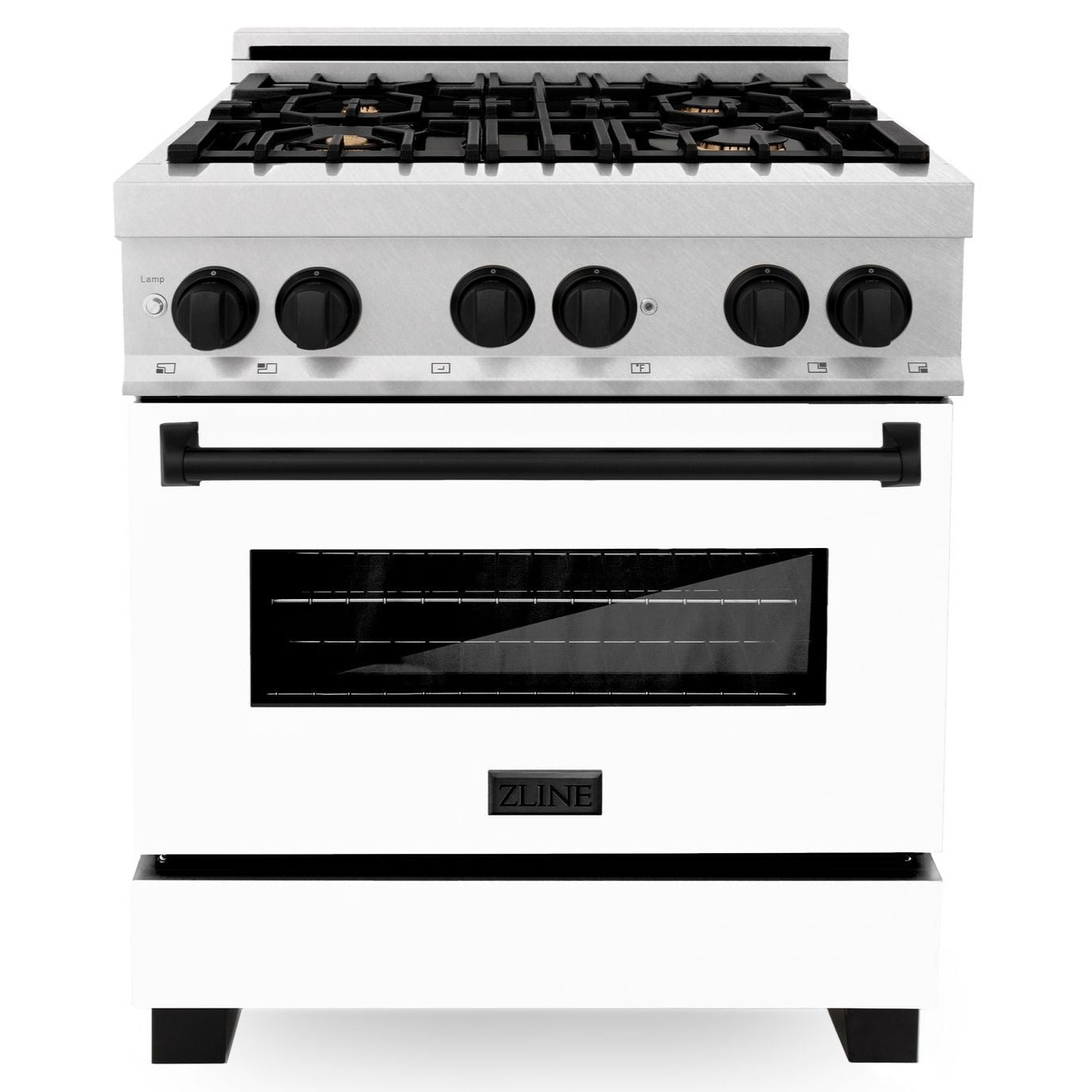 ZLINE Autograph Edition 30 in. 4.0 cu. ft. Legacy Dual Fuel Range with 4-Burner Gas Cooktop and Electric Convection Oven in Satin Stainless Steel with White Matte Door and Matte Black Accents (RASZ-WM-30-MB)