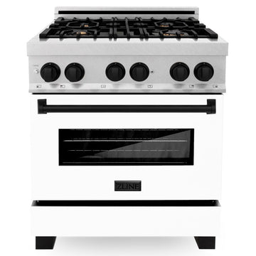 ZLINE Autograph Edition 30 in. 4.0 cu. ft. Legacy Dual Fuel Range with 4-Burner Gas Cooktop and Electric Convection Oven in Satin Stainless Steel with White Matte Door and Matte Black Accents (RASZ-WM-30-MB)