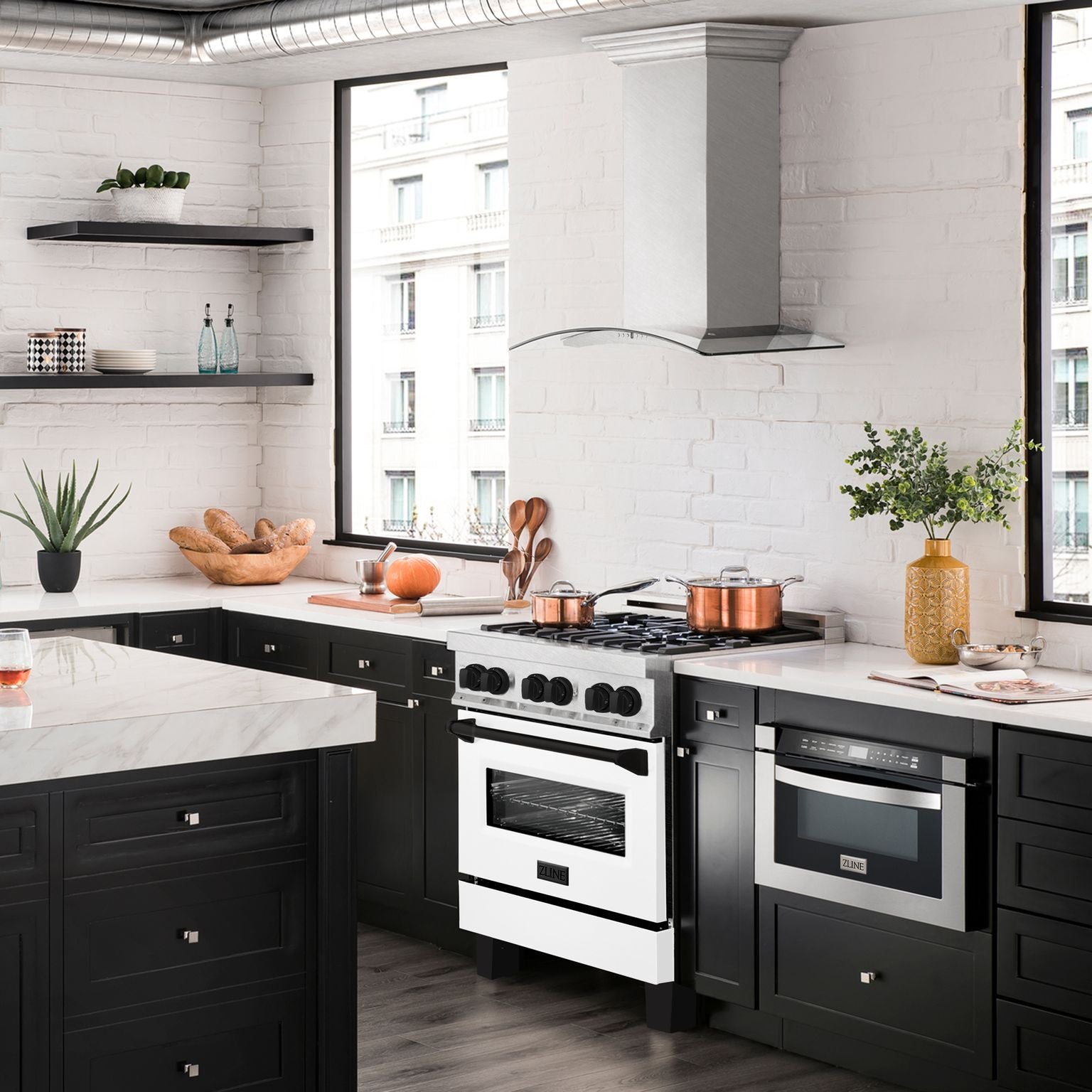 ZLINE Autograph Edition 30 in. 4.0 cu. ft. Legacy Dual Fuel Range with 4-Burner Gas Cooktop and Electric Convection Oven in Satin Stainless Steel with White Matte Door and Matte Black Accents (RASZ-WM-30-MB)
